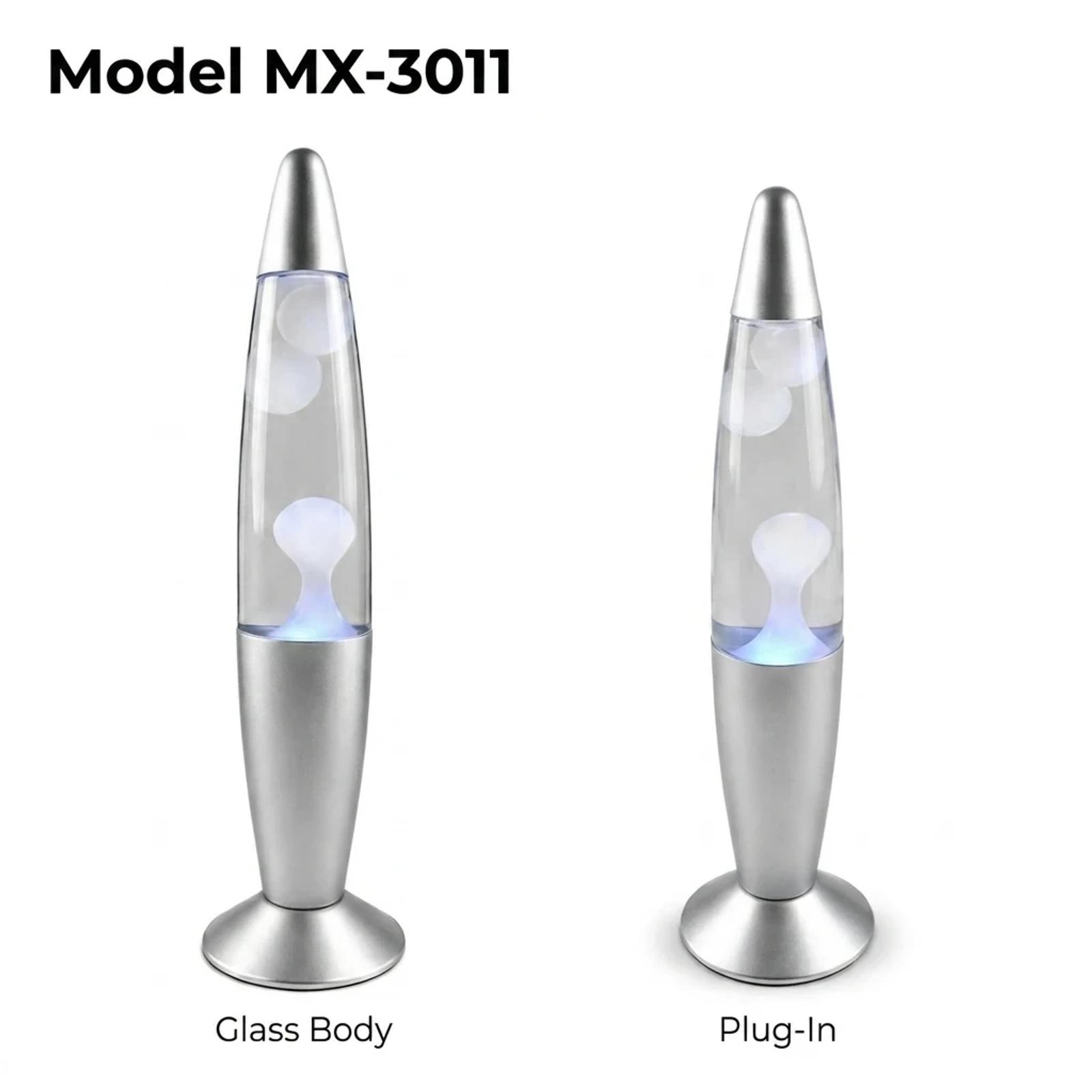MX-3011 lava lamp product view showing the bottle shape, base, cap, and wax flow effect