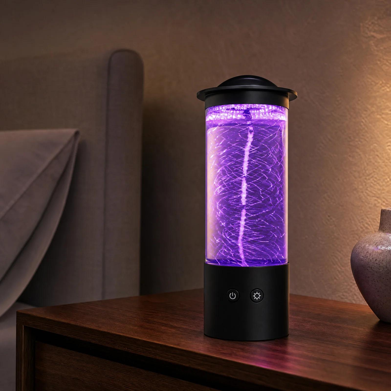 Tornado vortex mood lamp with purple RGB light in a premium bedroom scene
