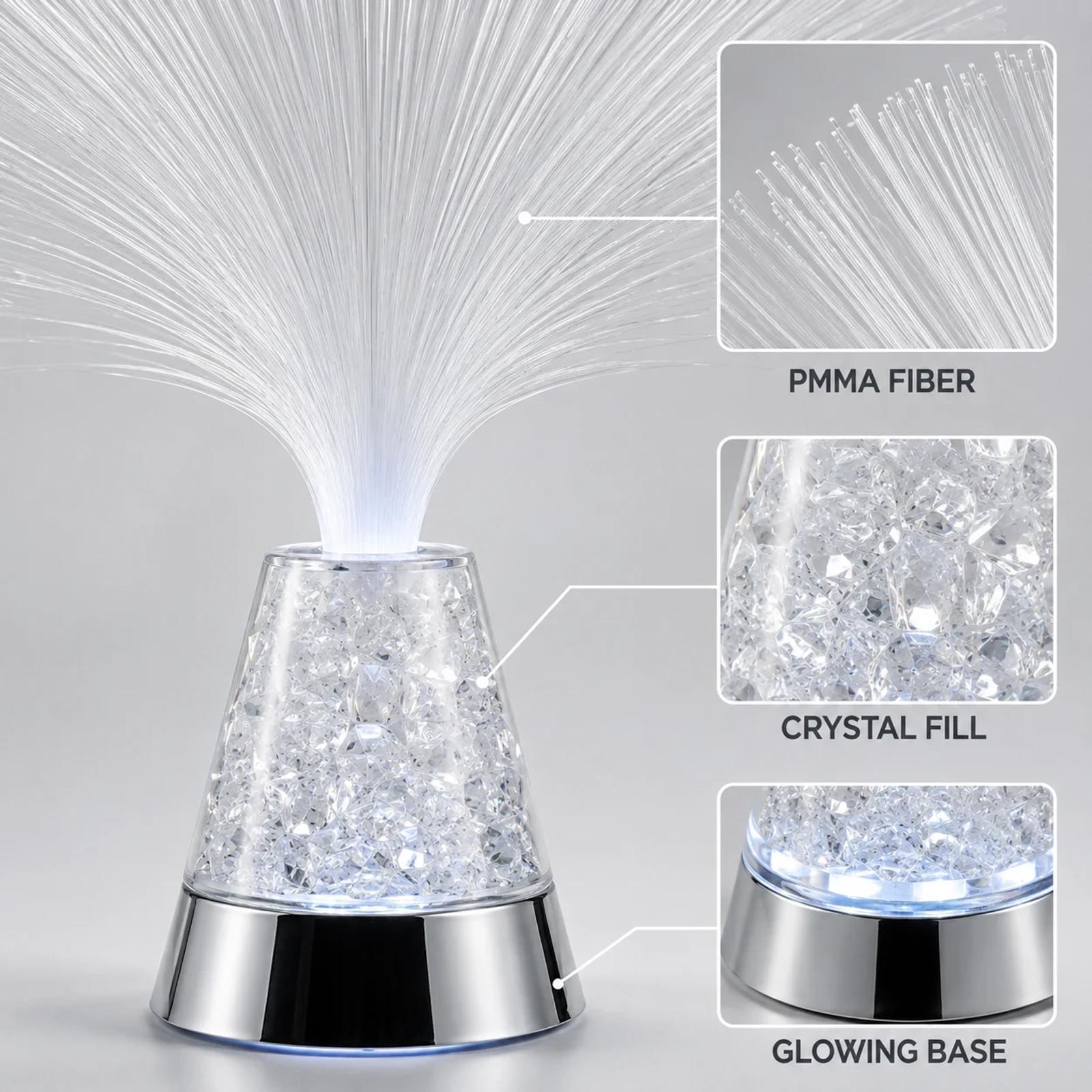 MX-1012 LED fiber optic lamp with PMMA crystal-style cone base and decorative clear strands