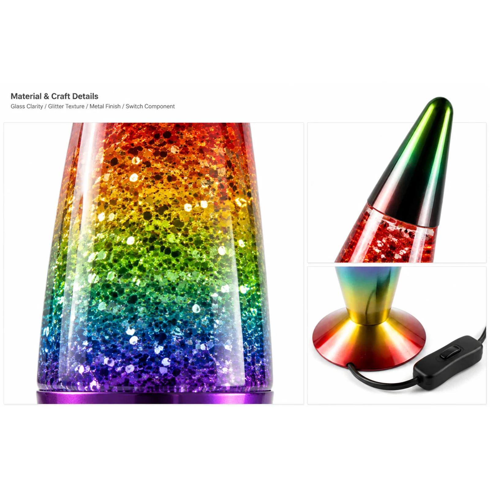 Close detail image of the MX-3016R glass glitter lamp showing colorful glitter liquid and metallic base finish