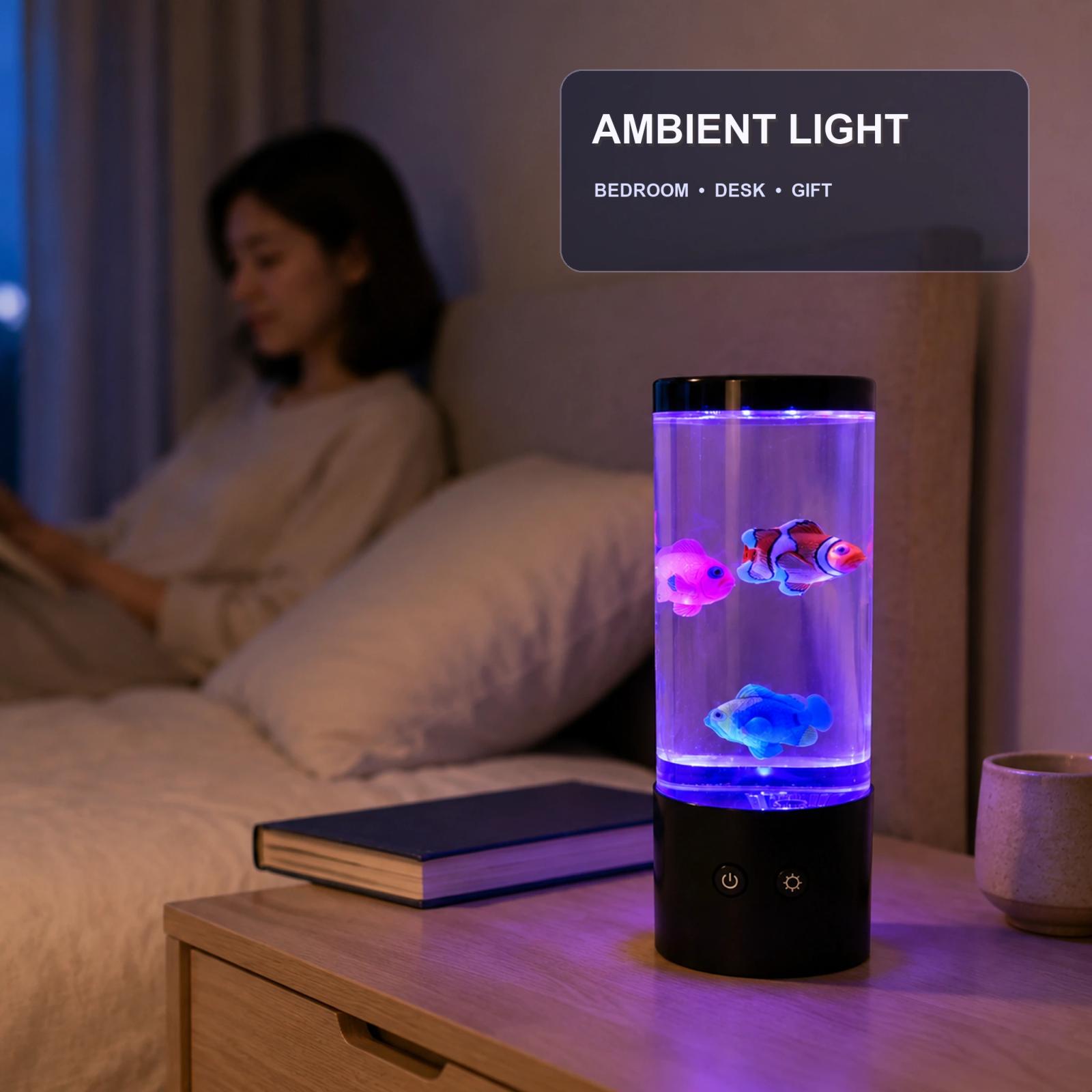 MX-5013SF RGB aquarium fish lamp on a bedroom bedside table