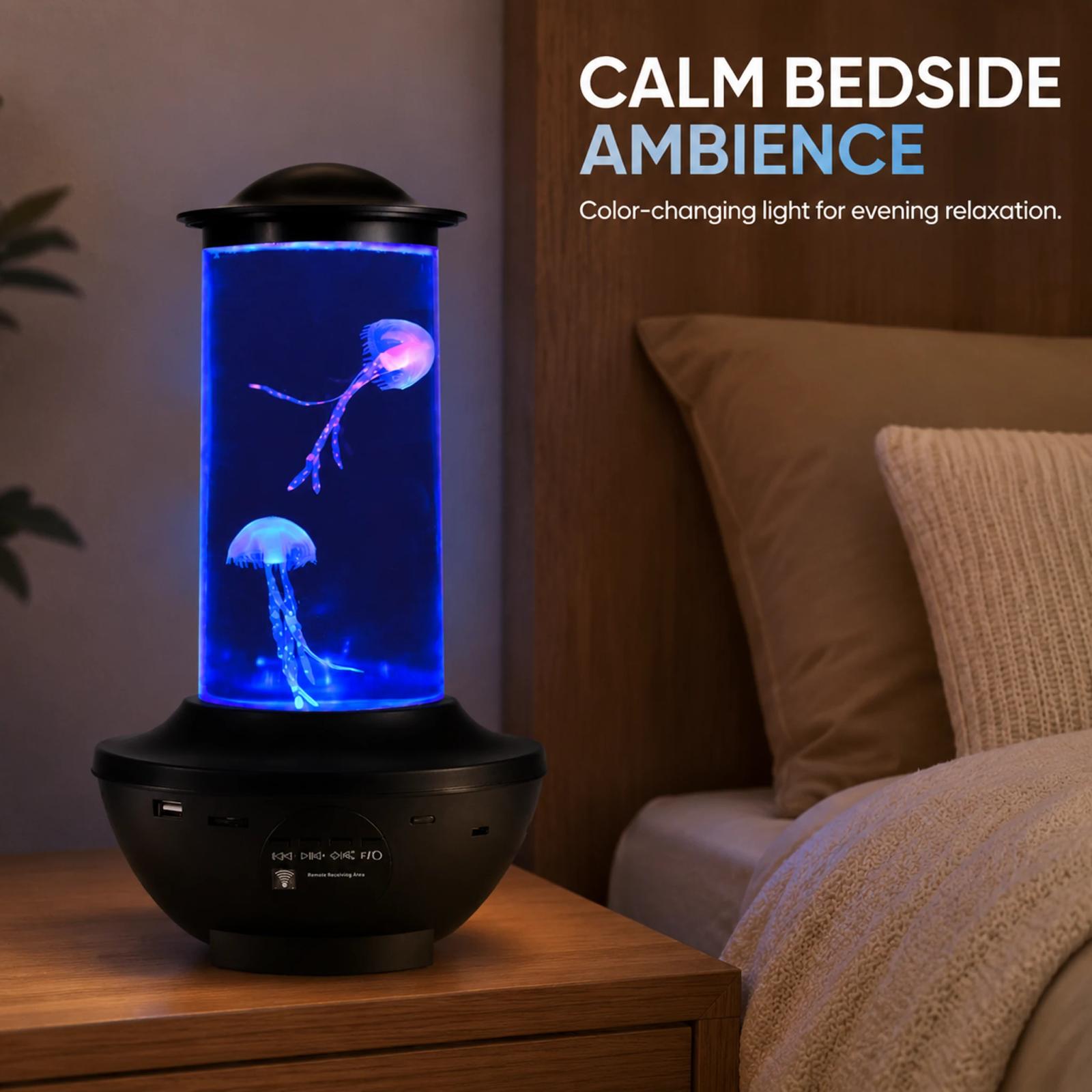 MX-5013R blue jellyfish mood lamp on a modern bedroom bedside table