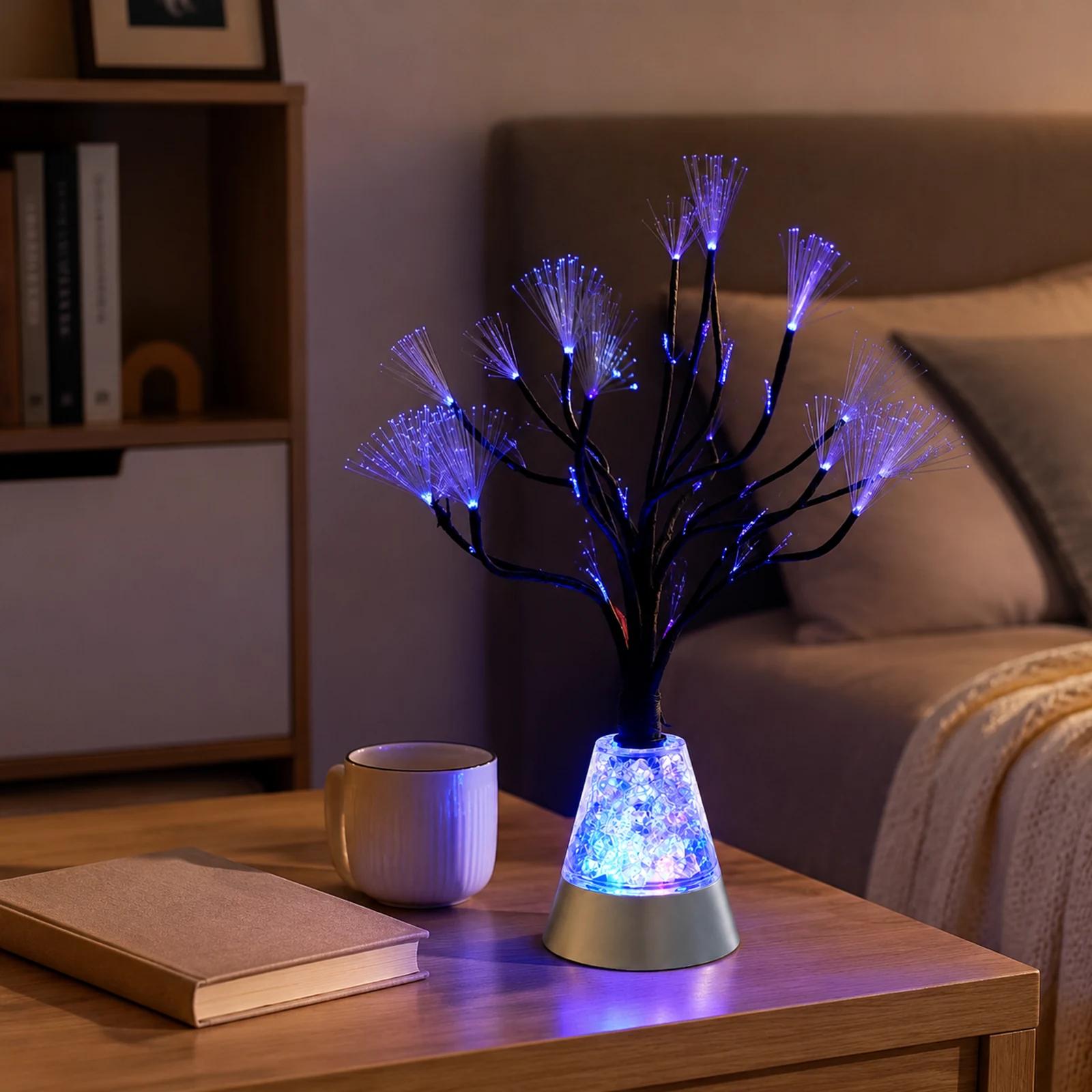 MX-1017 battery-powered fiber optic tree lamp on a modern bedroom side table