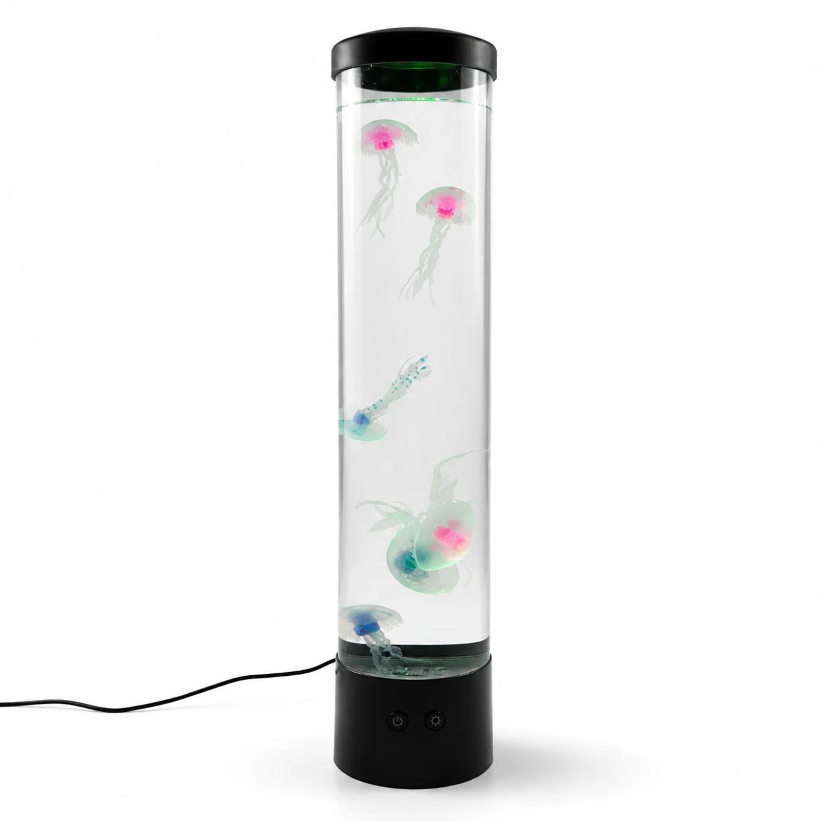 MX-5013B 19 inch USB powered simulated jellyfish night light with black base and transparent cylinder on a white background.