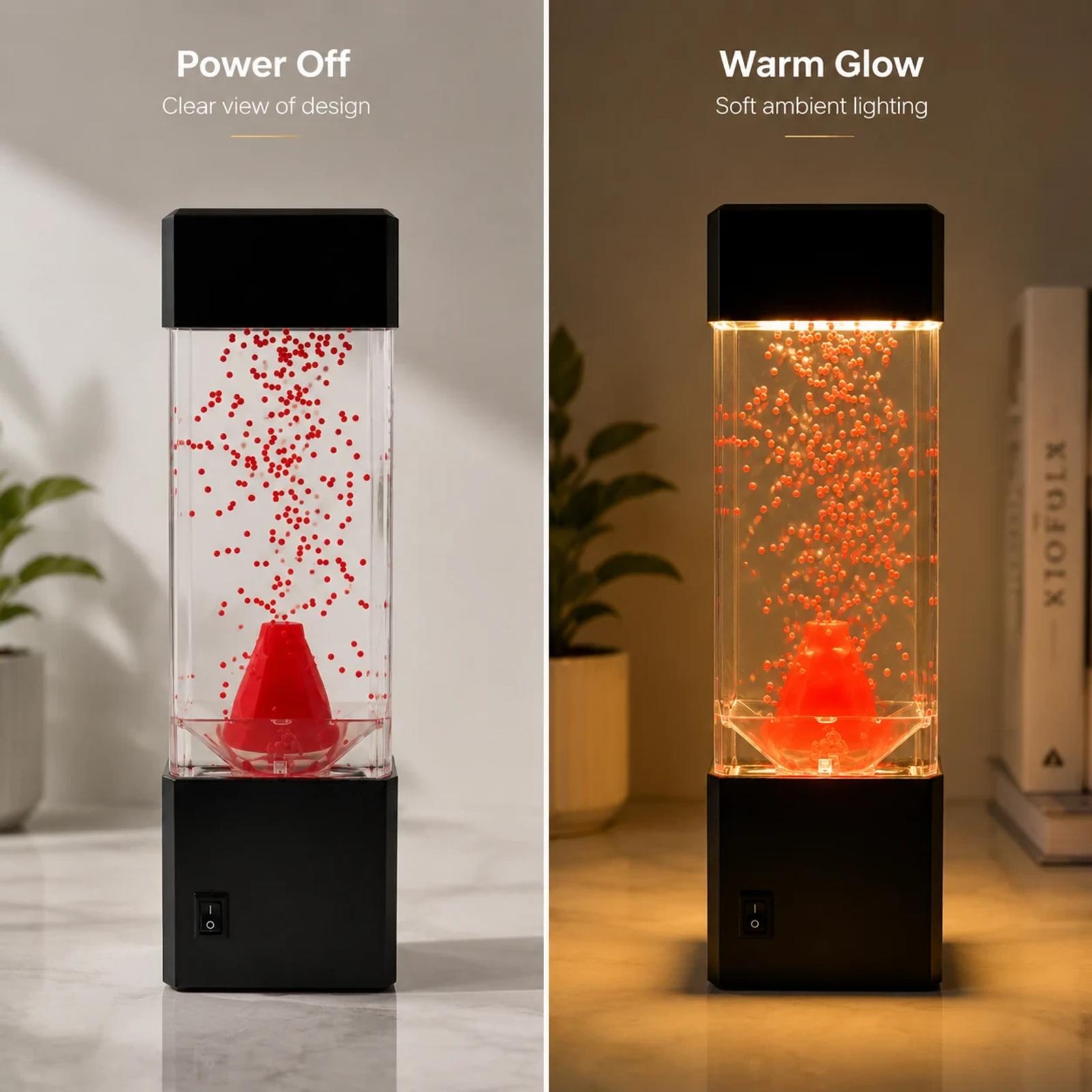MX-5016 red bubble lamp showing power off and warm glow lighting effect.