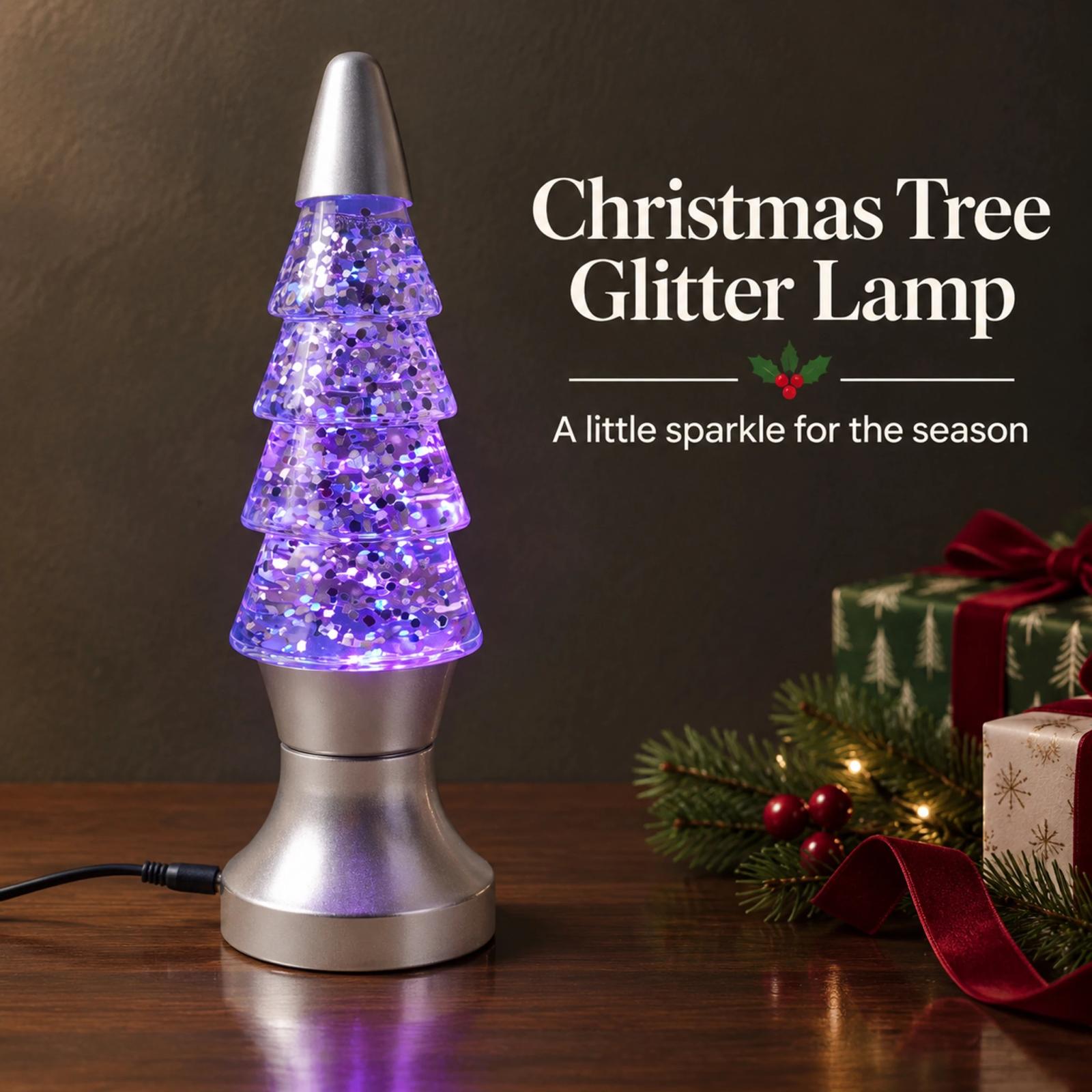 MX-3020-G Christmas tree glitter lamp glowing purple on a wooden tabletop beside holiday decorations