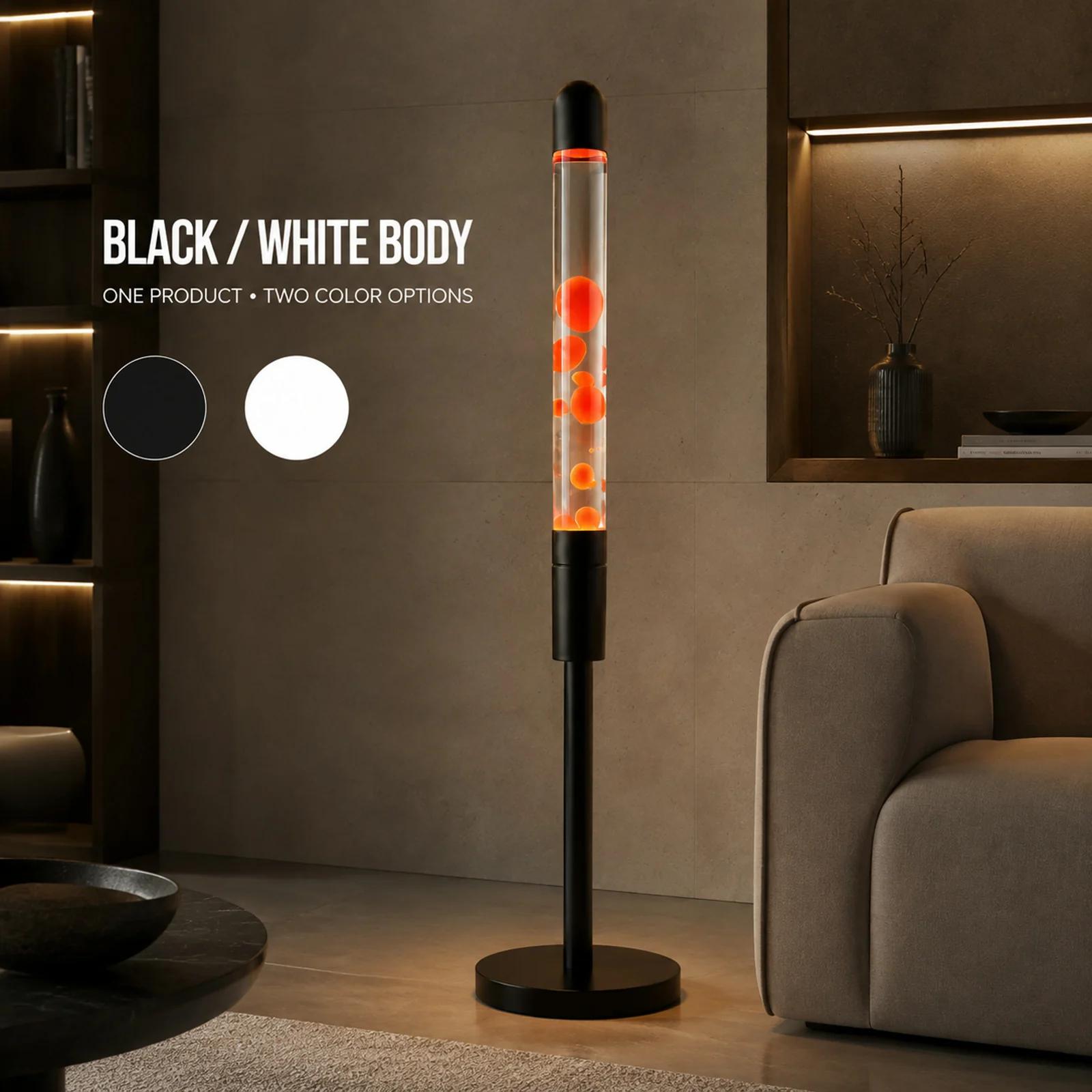 Floor standing lava lamp image presenting black and white body finish options for the same product