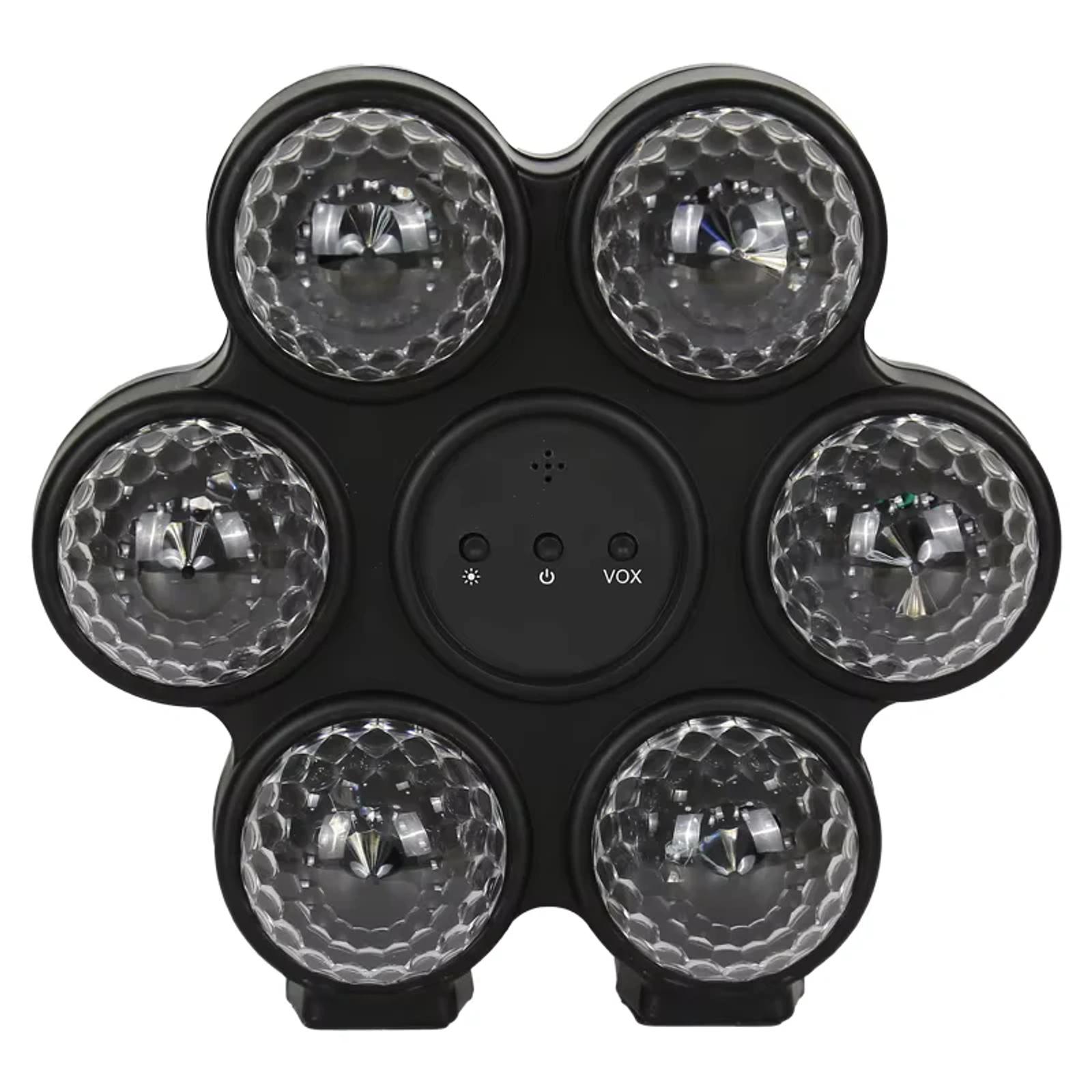 Front view of MX-6050 six lens LED party lamp with center VOX control panel