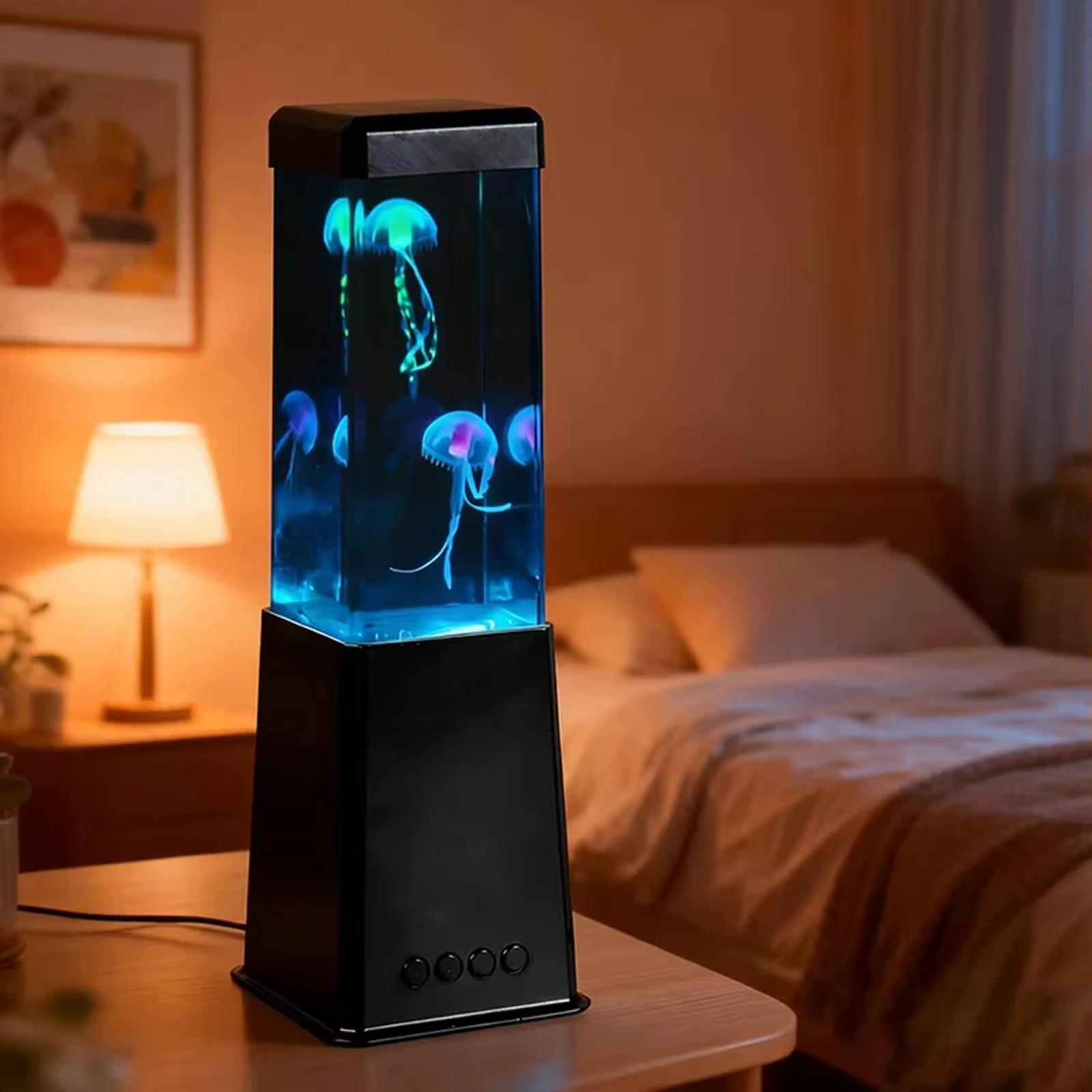 MX-5013D jellyfish aquarium mood light on a bedside table with blue LED glow