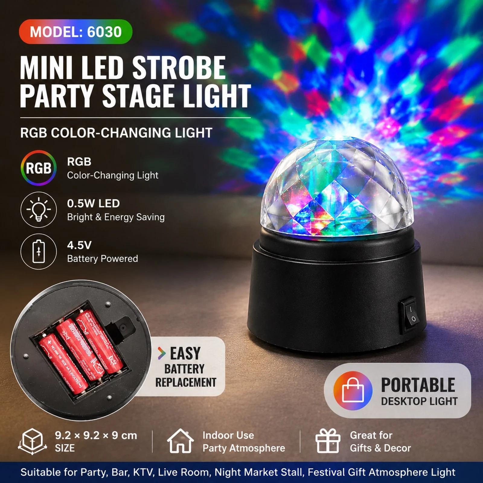 MX-6020 battery powered mini party light showing bottom battery compartment detail