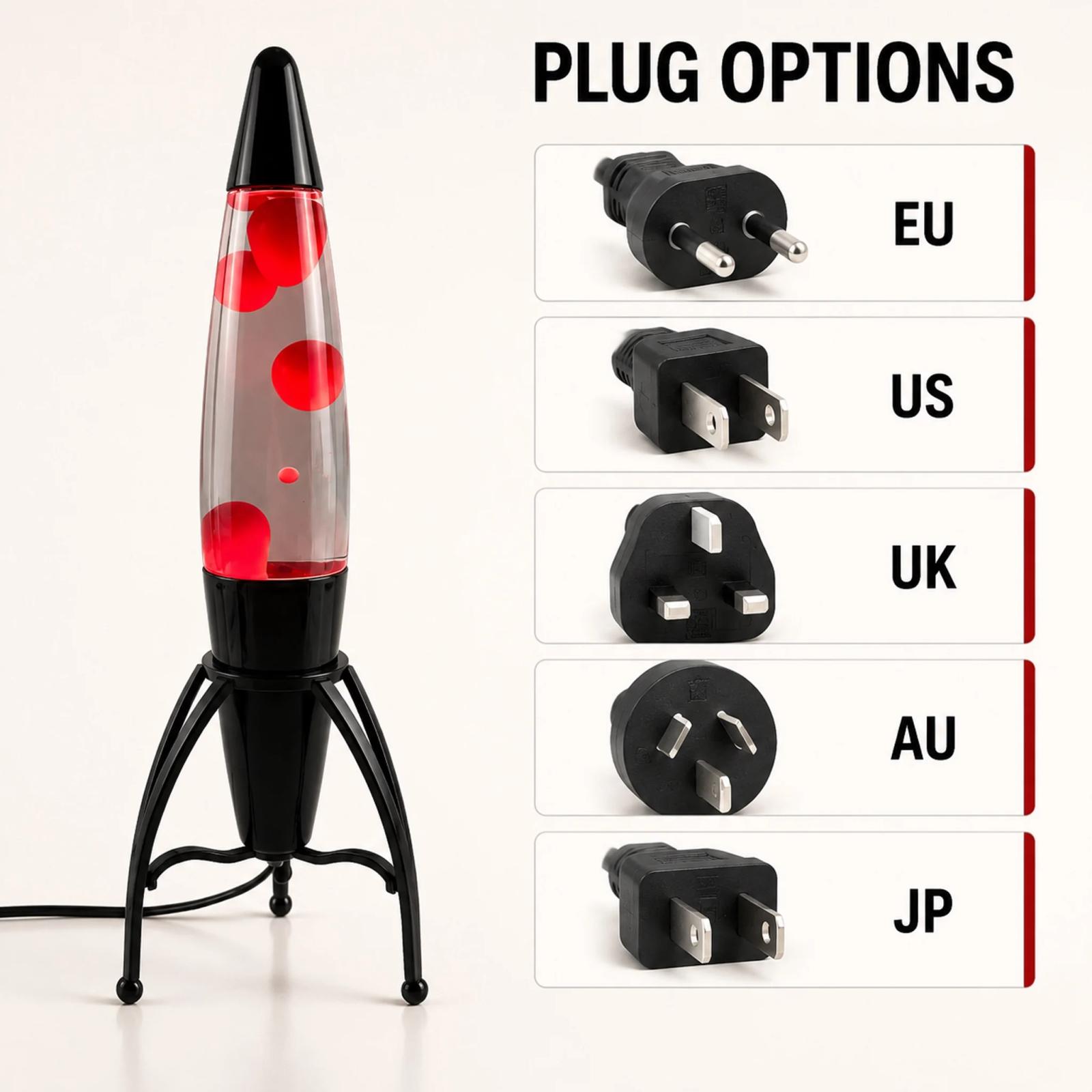MX-3061 plastic rocket lava lamp shown with customizable EU, US, UK, AU, and JP plug options