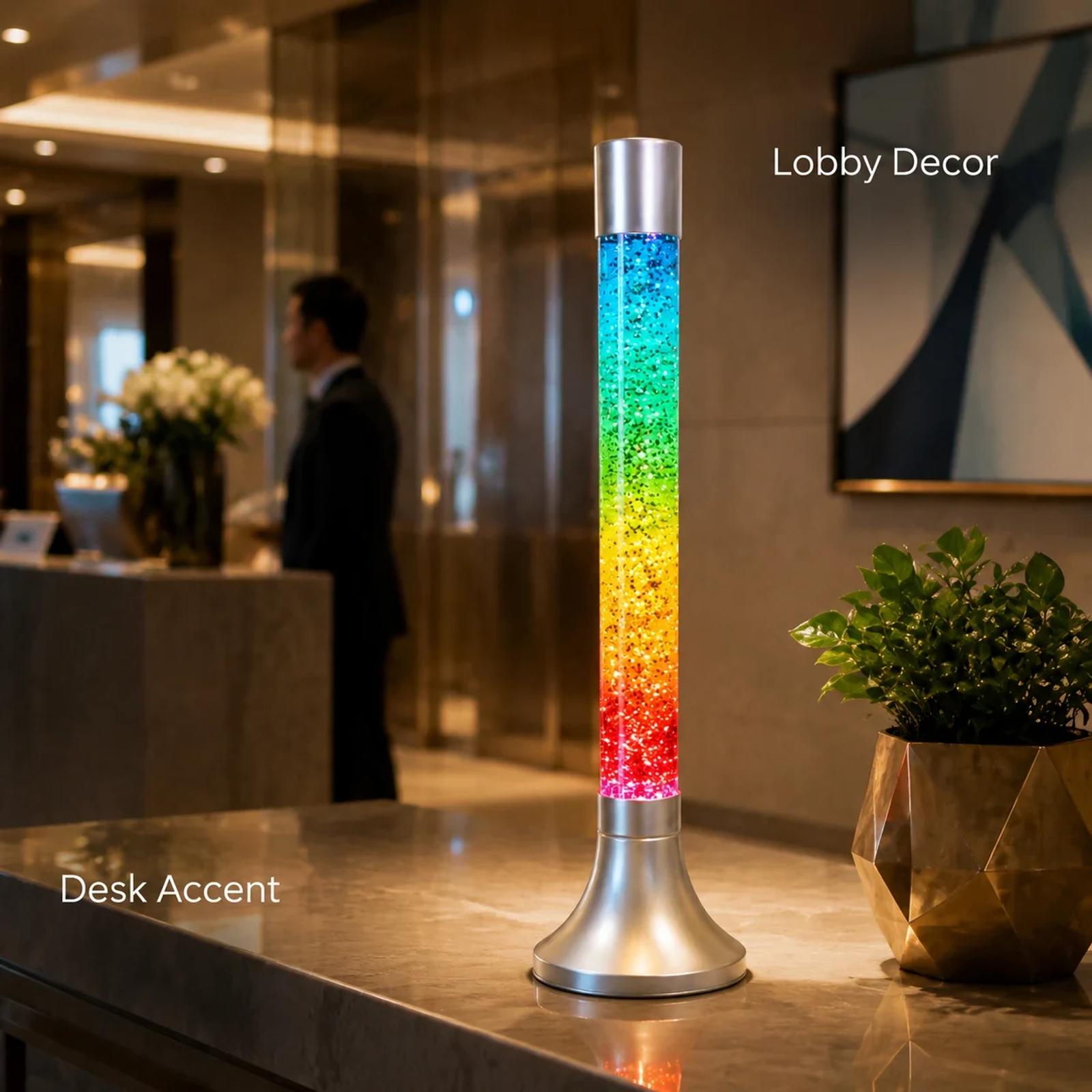 MX-8009 tall glitter lamp used as colorful lobby and reception decor