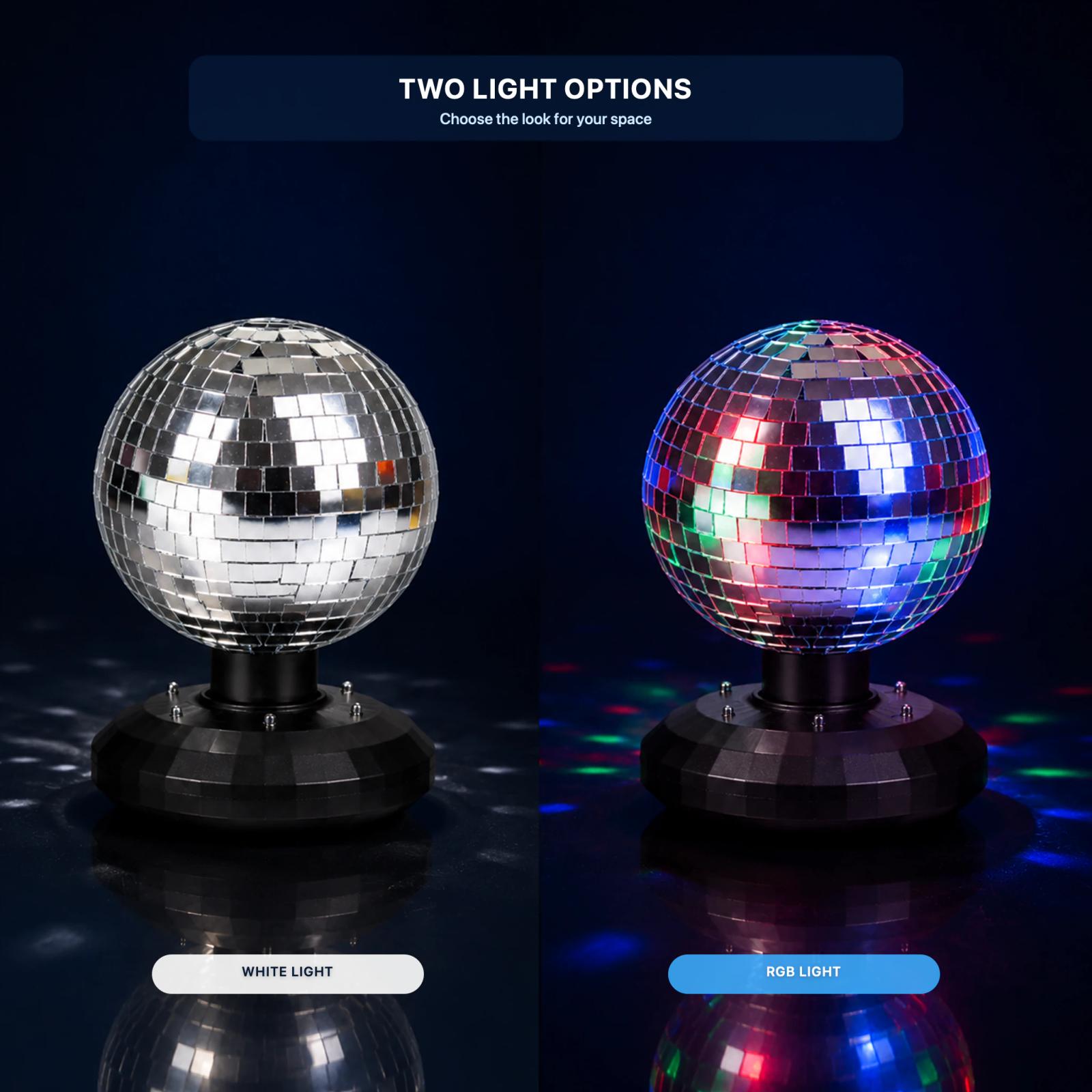 MX-6016B mirror ball light shown in white-light and RGB versions