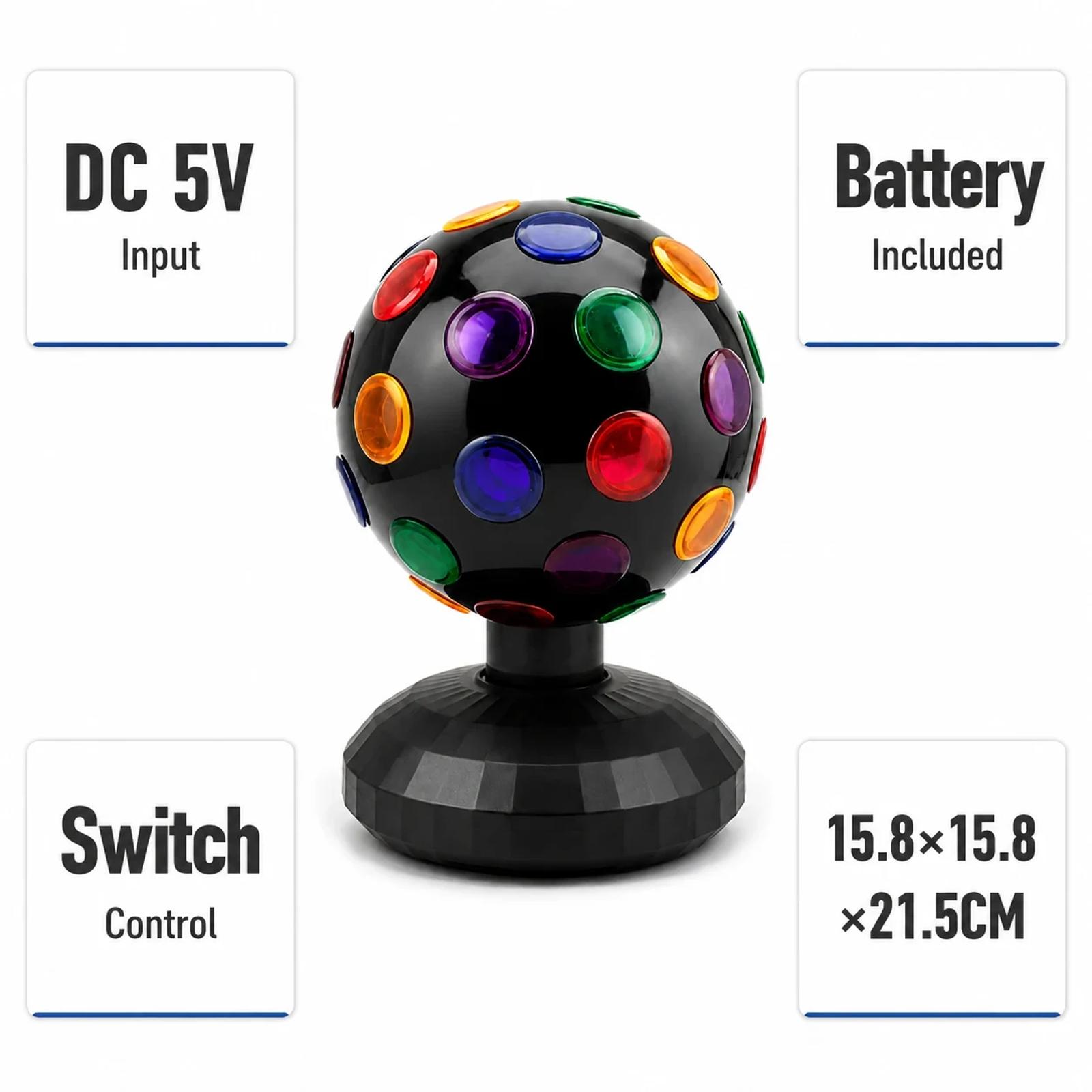 Key specification image for MX-6015 disco ball party light with catalog-backed size and packing context