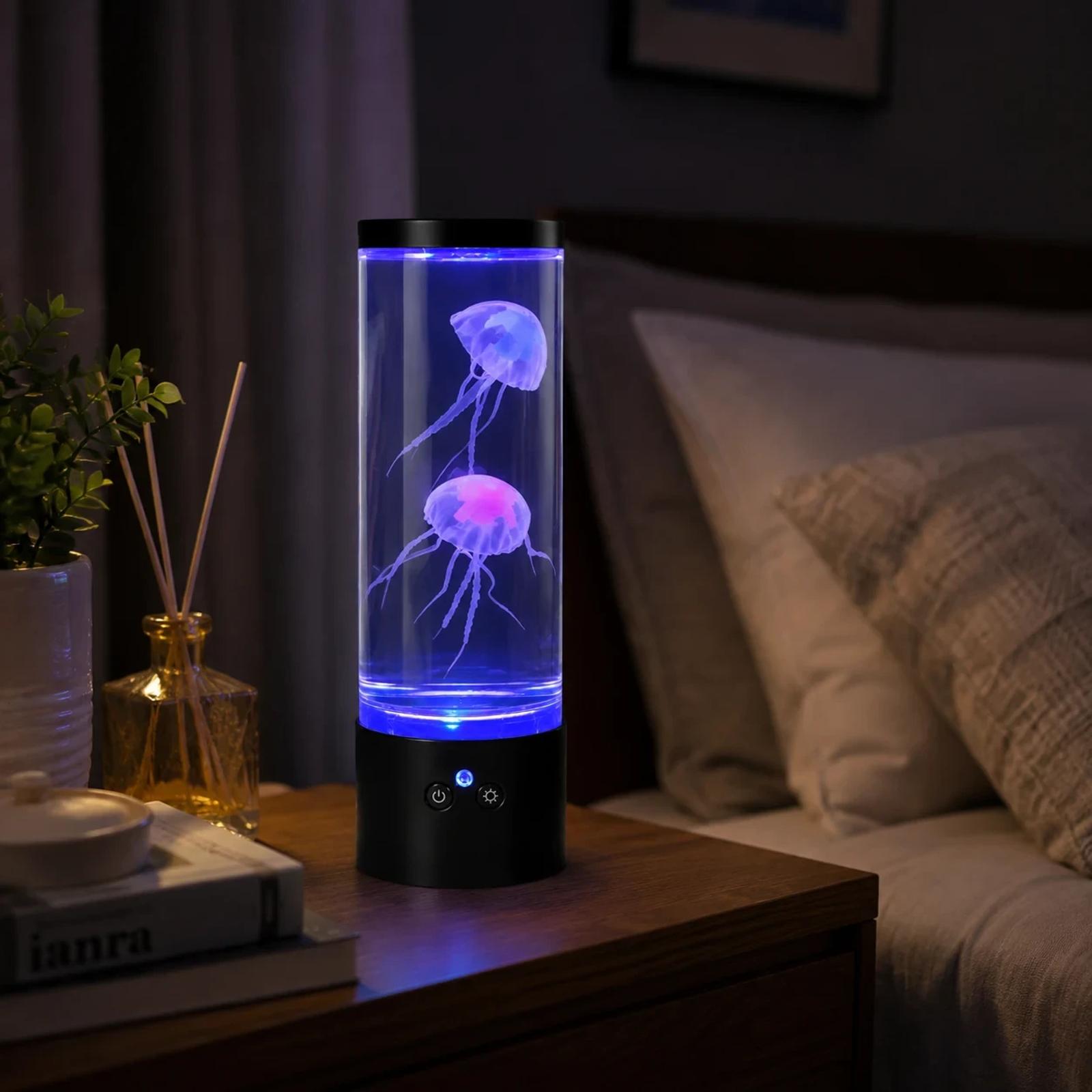 MX-5013F LED jellyfish lamp used as a soft glowing bedroom night light on a bedside table.
