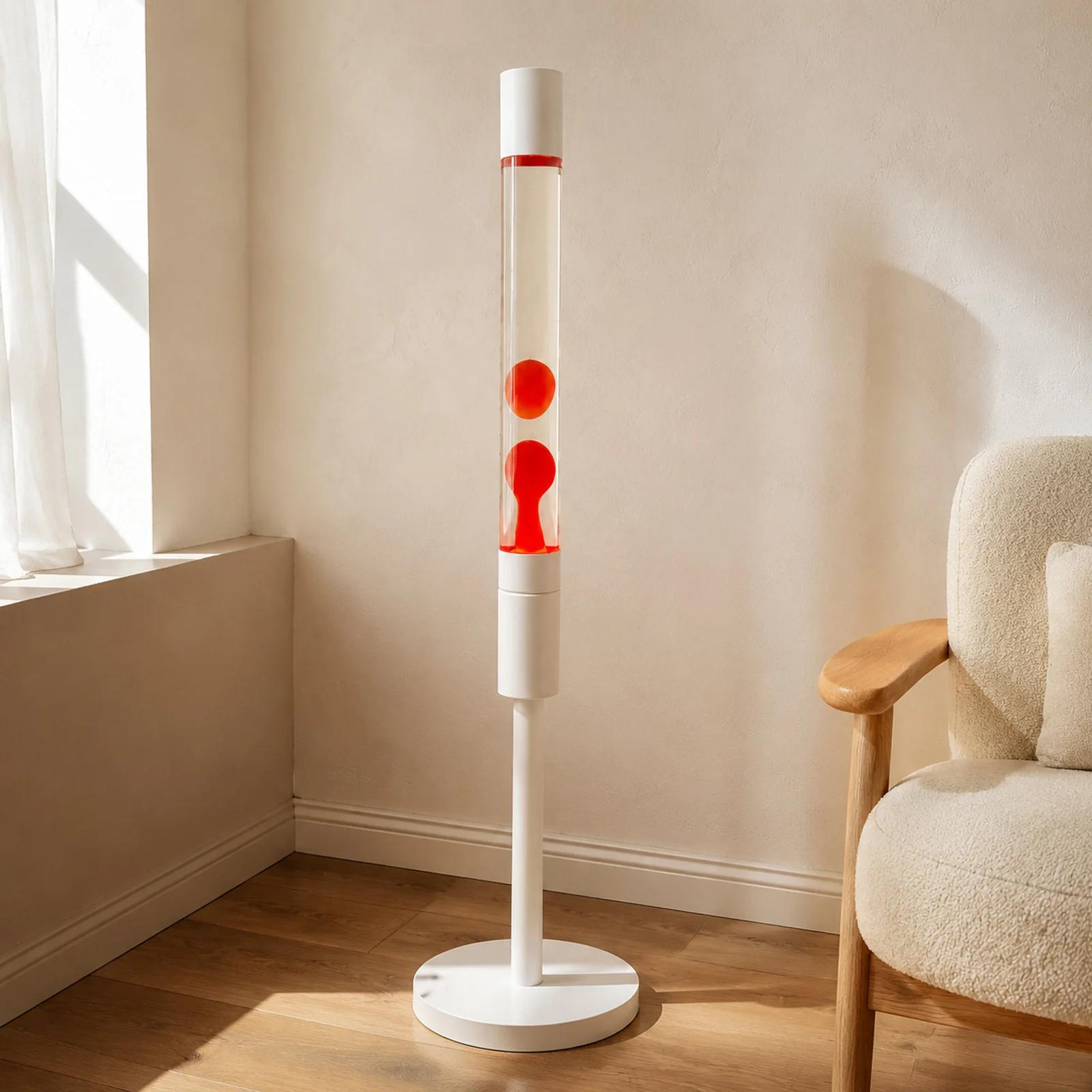 White body floor standing lava lamp shown at full height in a bright interior setting