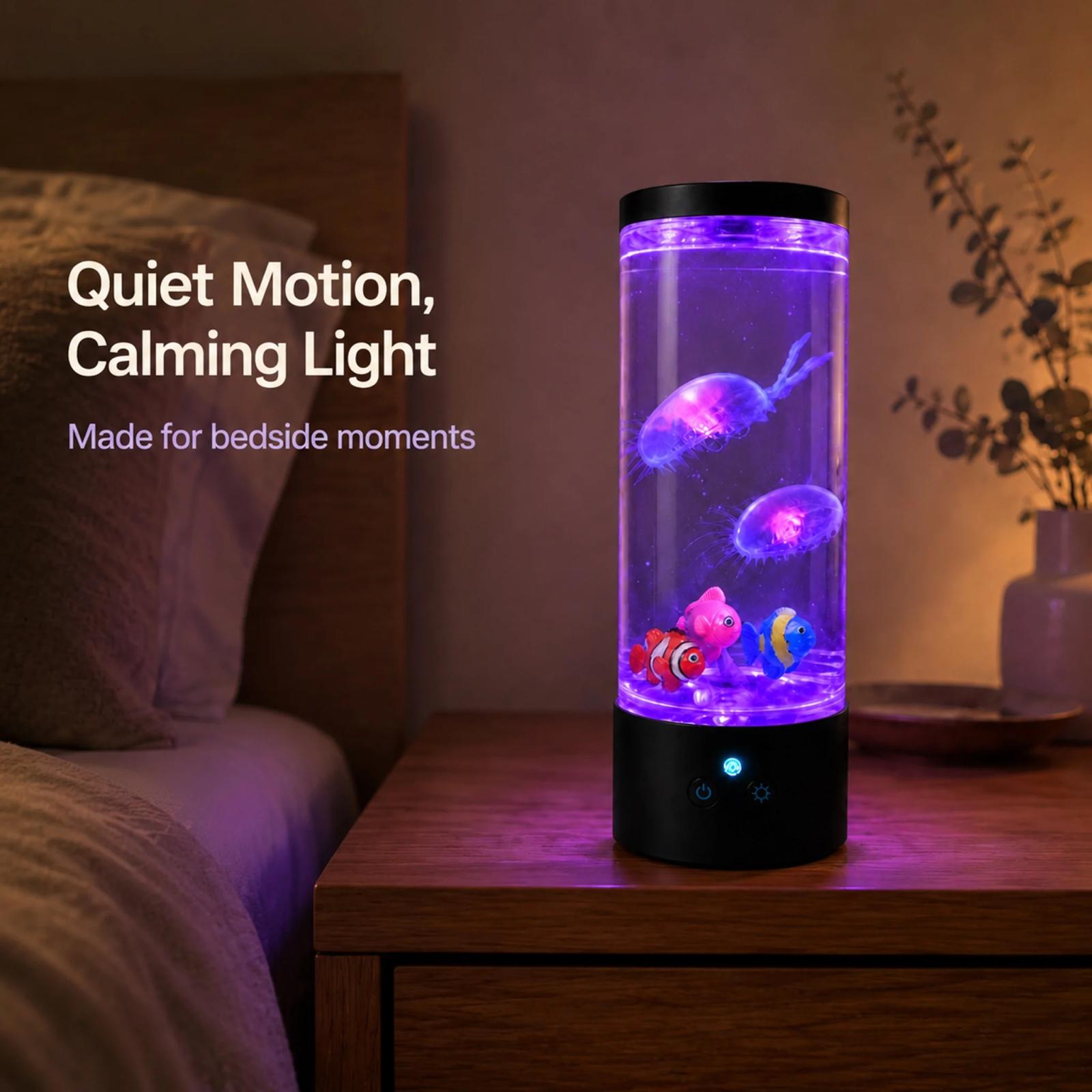 MX-5014F jellyfish aquarium lamp creating color-changing bedside ambience