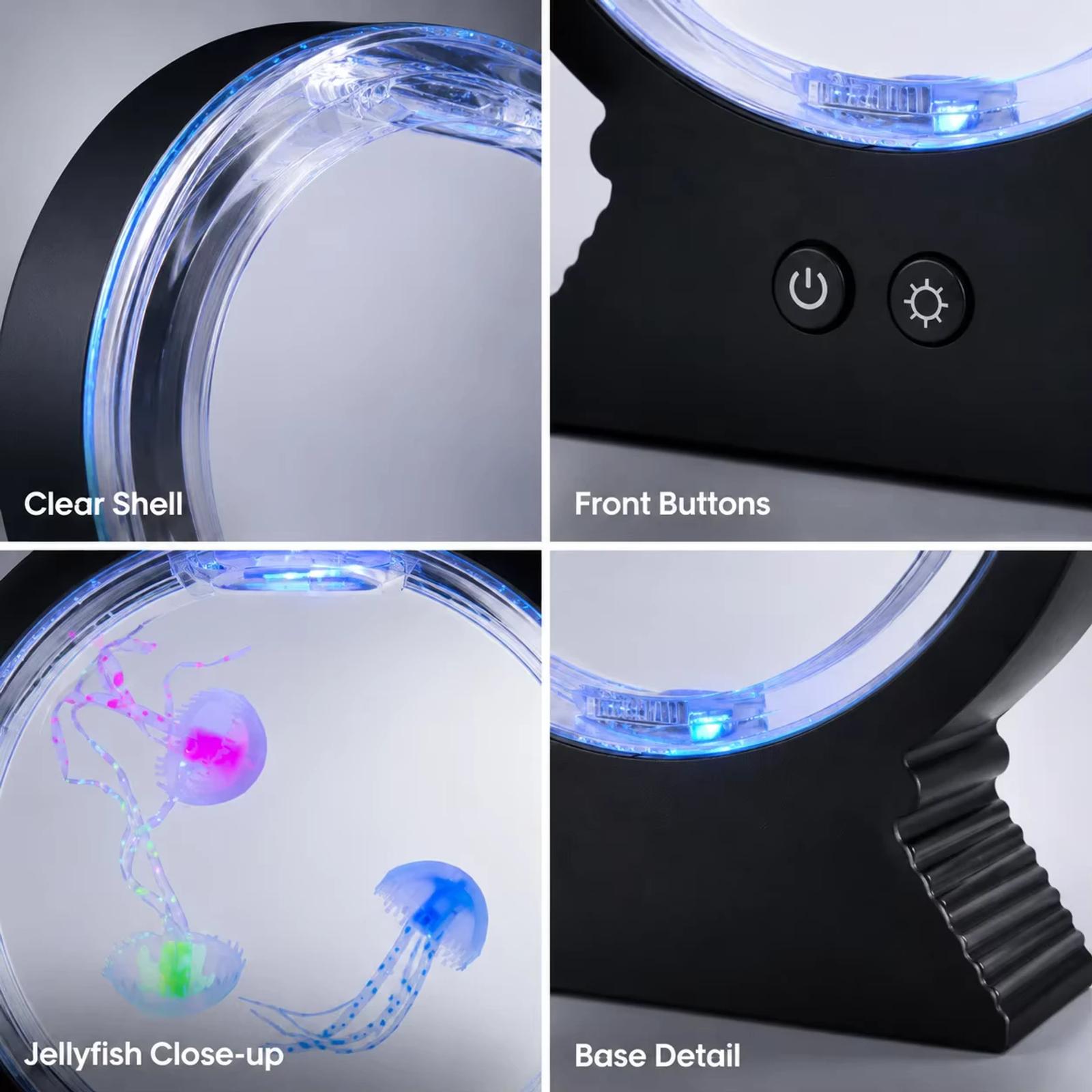 Close-up details of the MX-5013M jellyfish lamp shell, buttons, jellyfish insert, and base