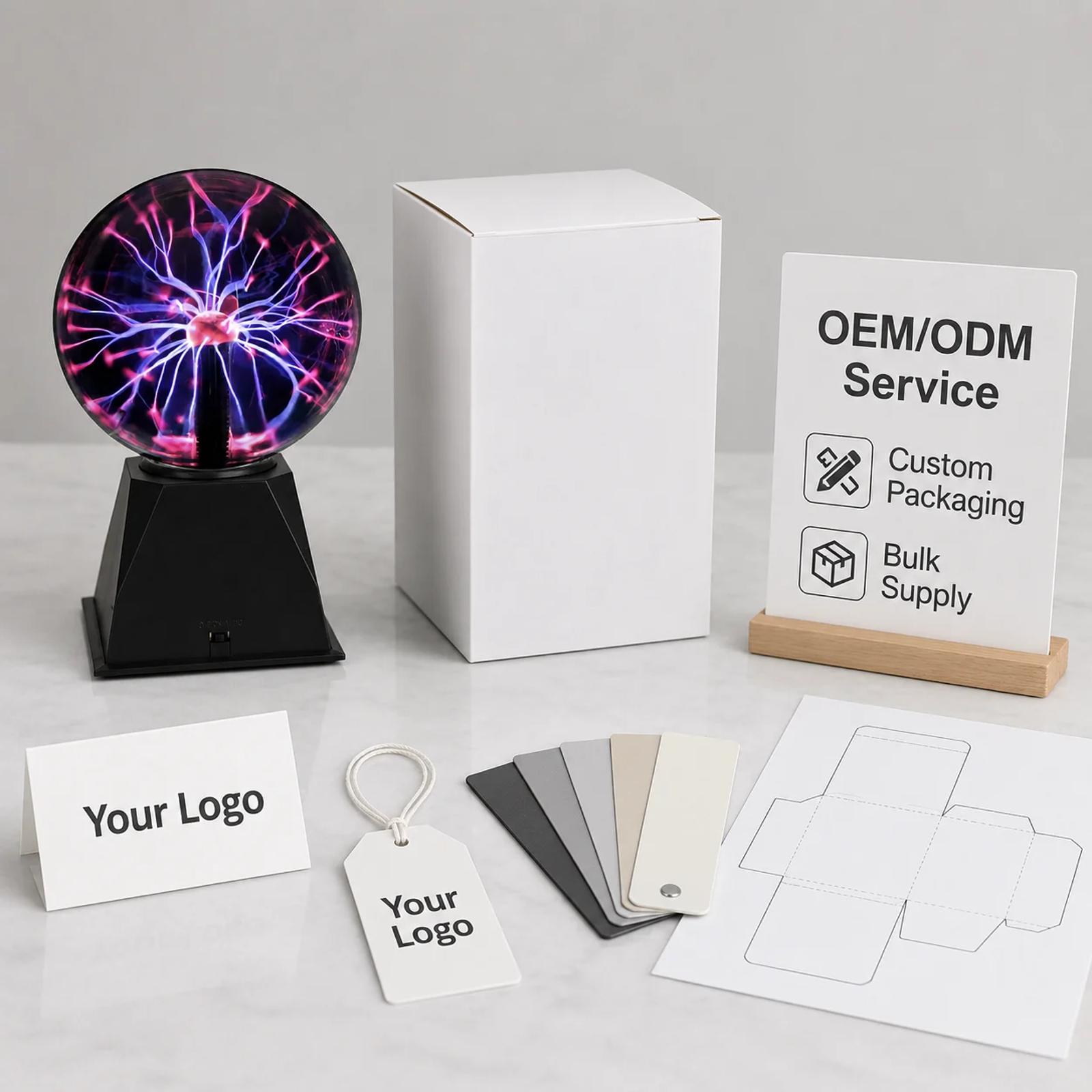 MX-7012 plasma ball LED night light shown with OEM ODM service board, blank packaging mockup, your logo card and customization samples for wholesale buyers.