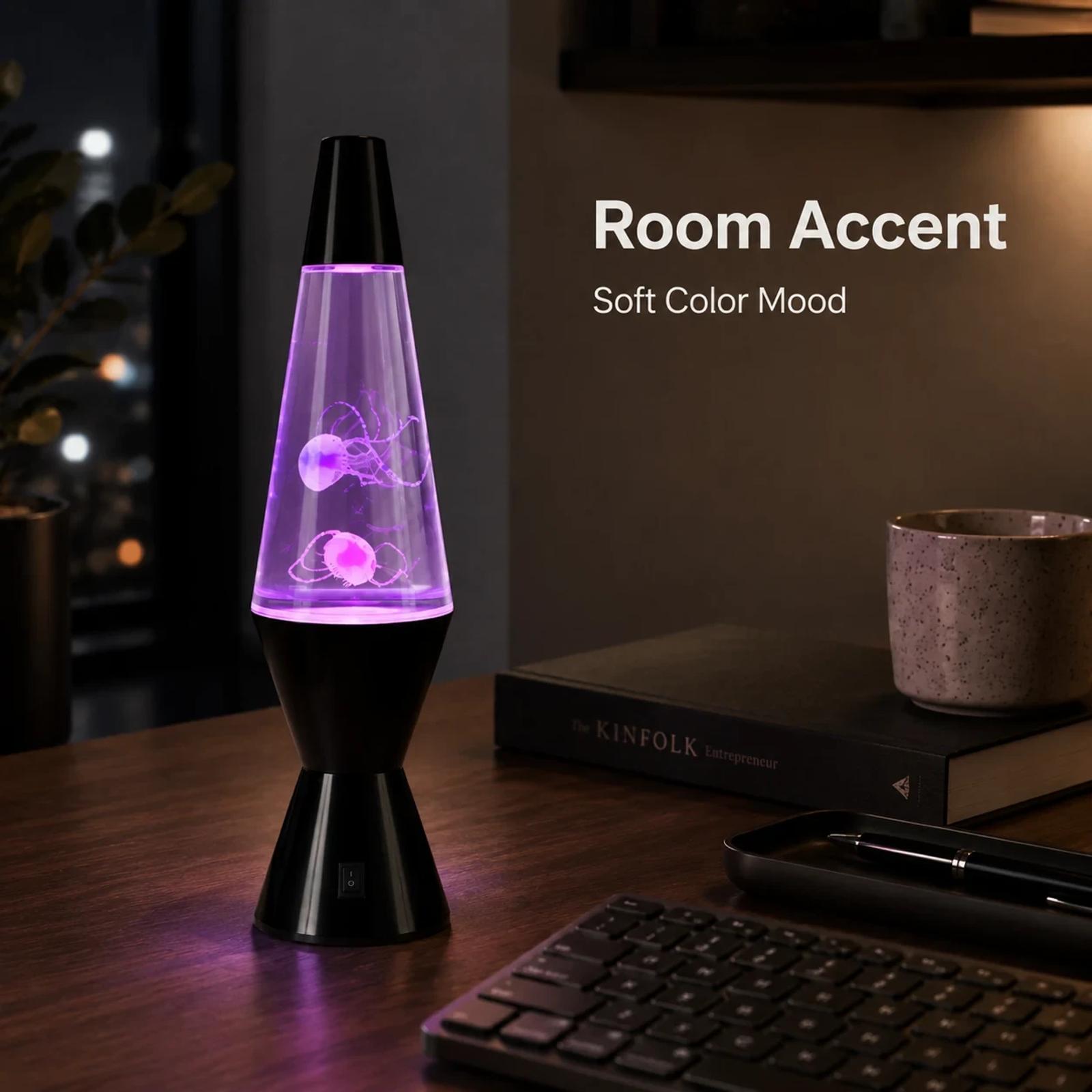 MX-5013Z LED jellyfish lamp used as a desk room accent light with soft purple glow