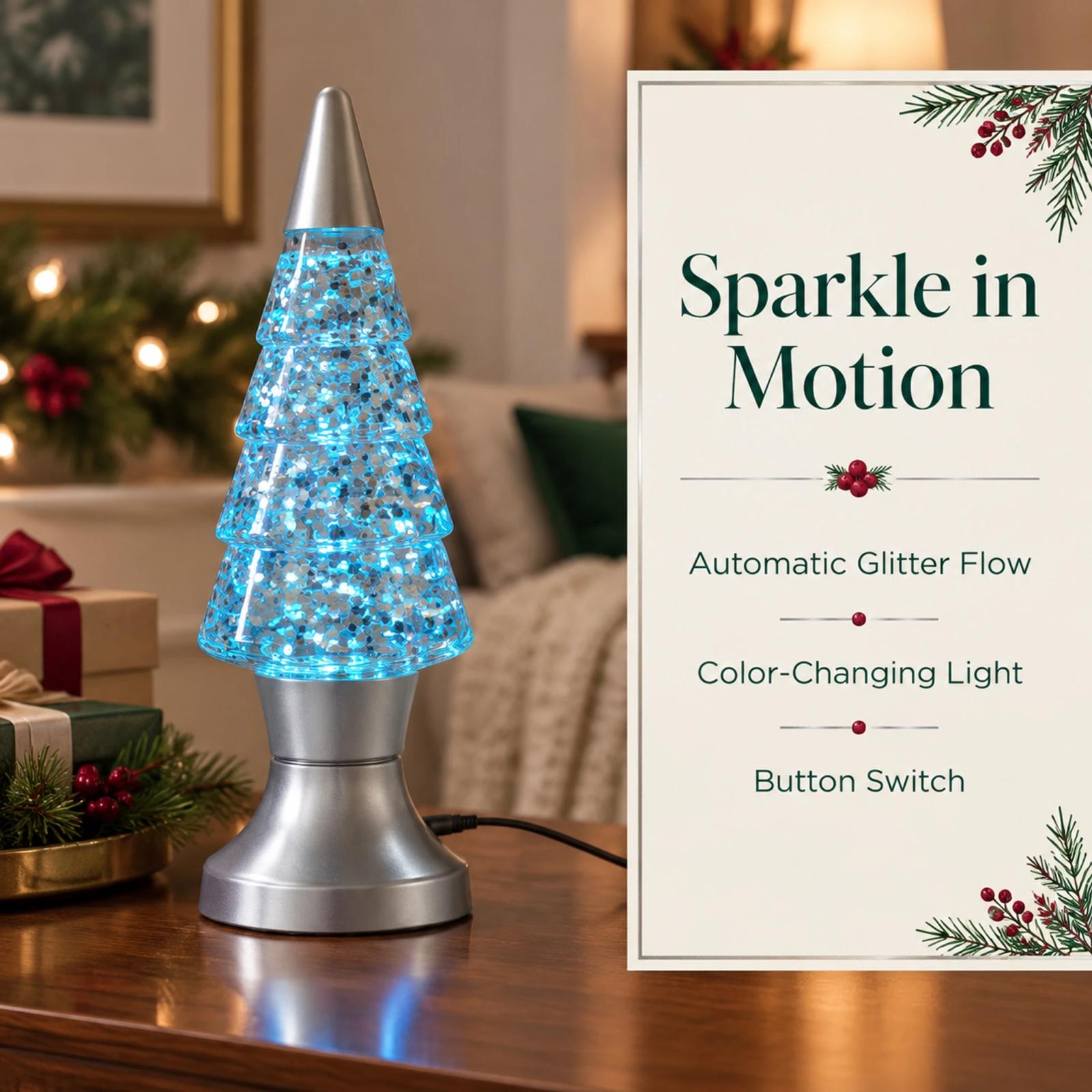 MX-3020-G Blue-lit Christmas tree glitter lamp beside text describing automatic glitter flow, color-changing light and button control