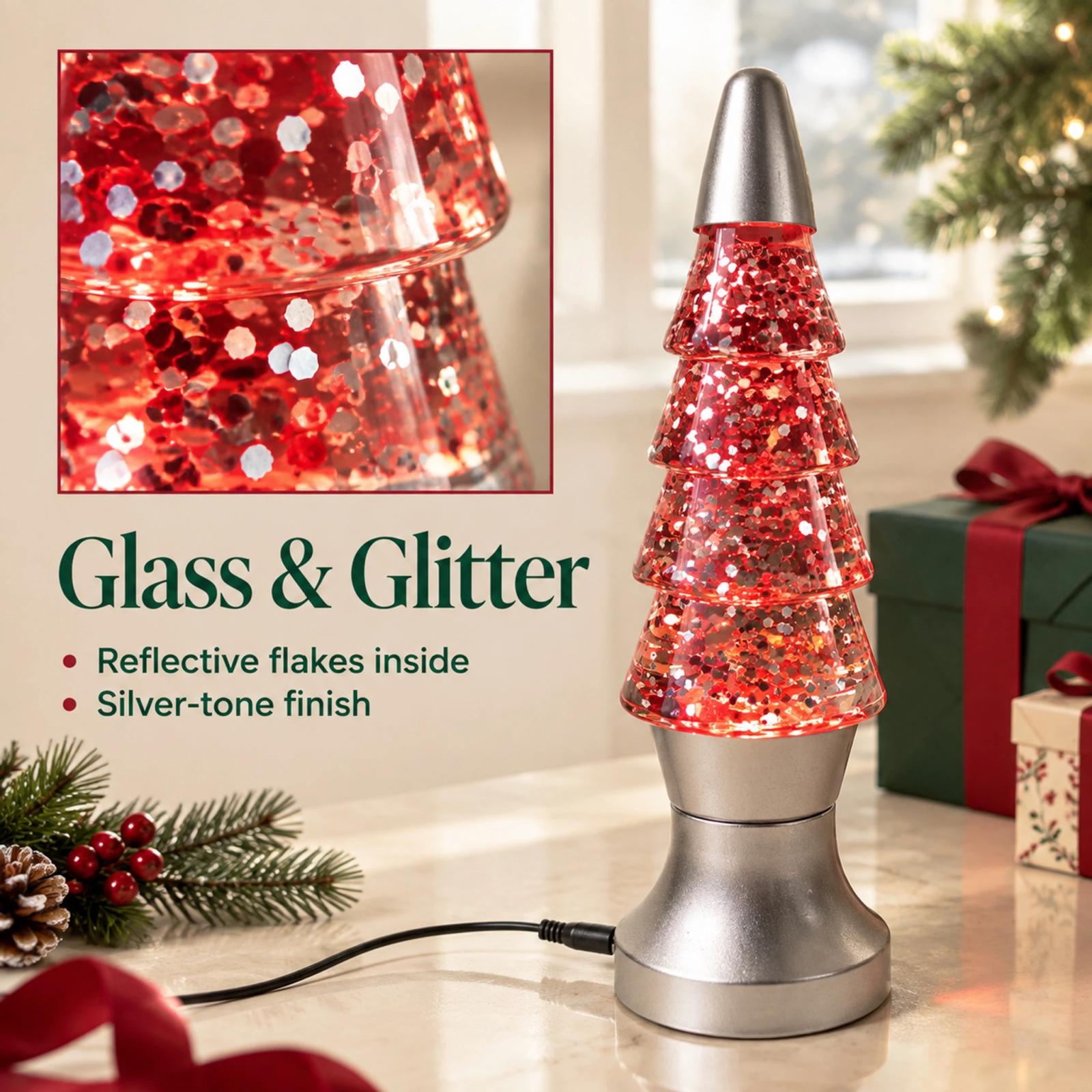 MX-3020-G Red-lit Christmas tree lamp with a close-up of reflective flakes inside the glass bottle