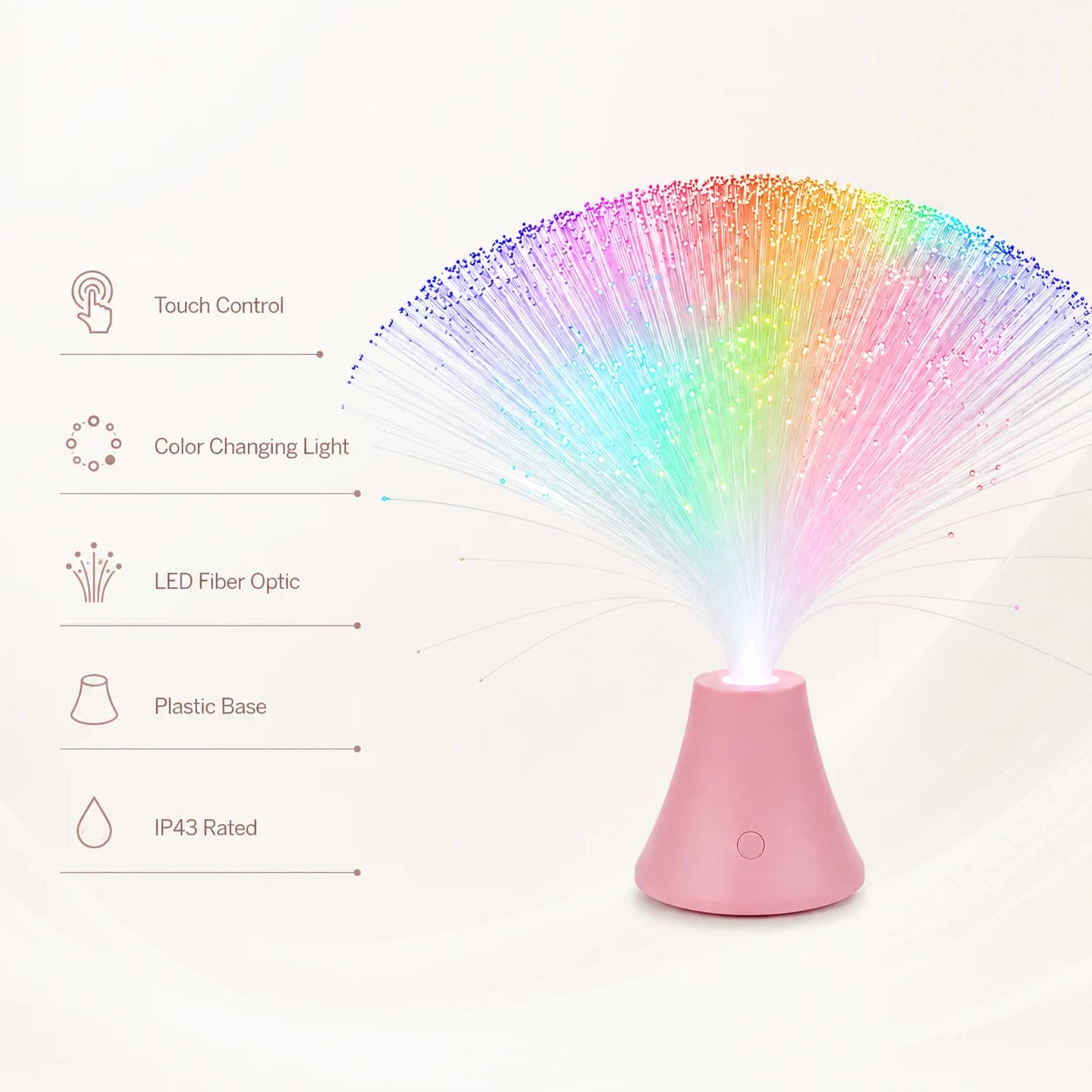 Specification image for MX-1011N pink touch fiber optic lamp with product features and size information.