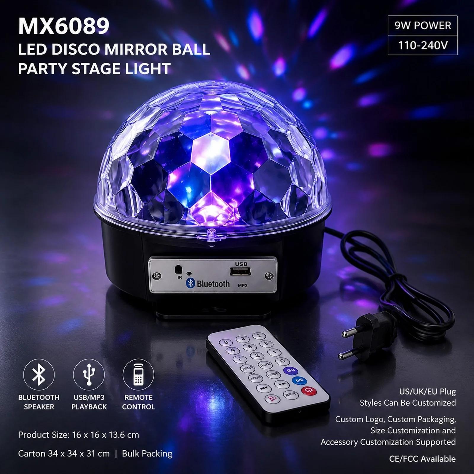 MX-6089 Bluetooth disco mirror ball stage light shown in a clean product view with remote and power cable