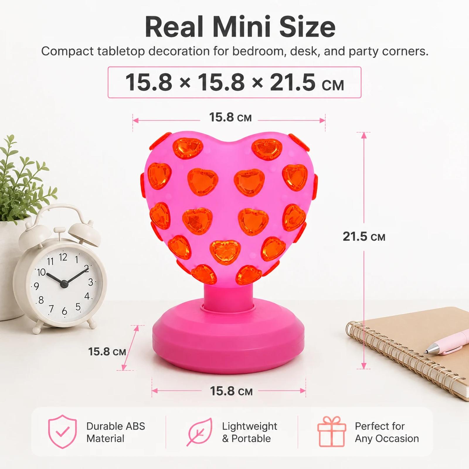 MX-6015H heart disco light size guide showing 15.8 x 15.8 x 21.5 cm tabletop proportions.