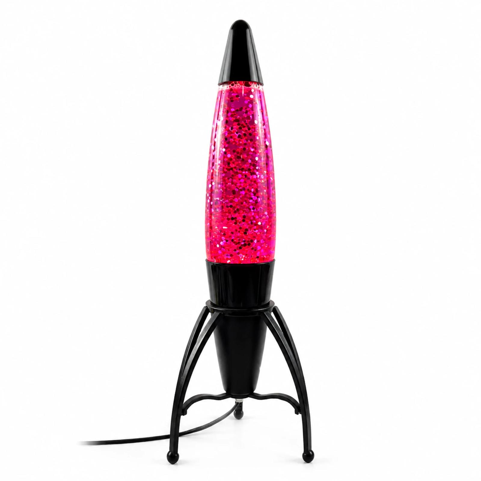 Black MX-3060 rocket-shaped glitter lamp with pink reflective glitter on a white background