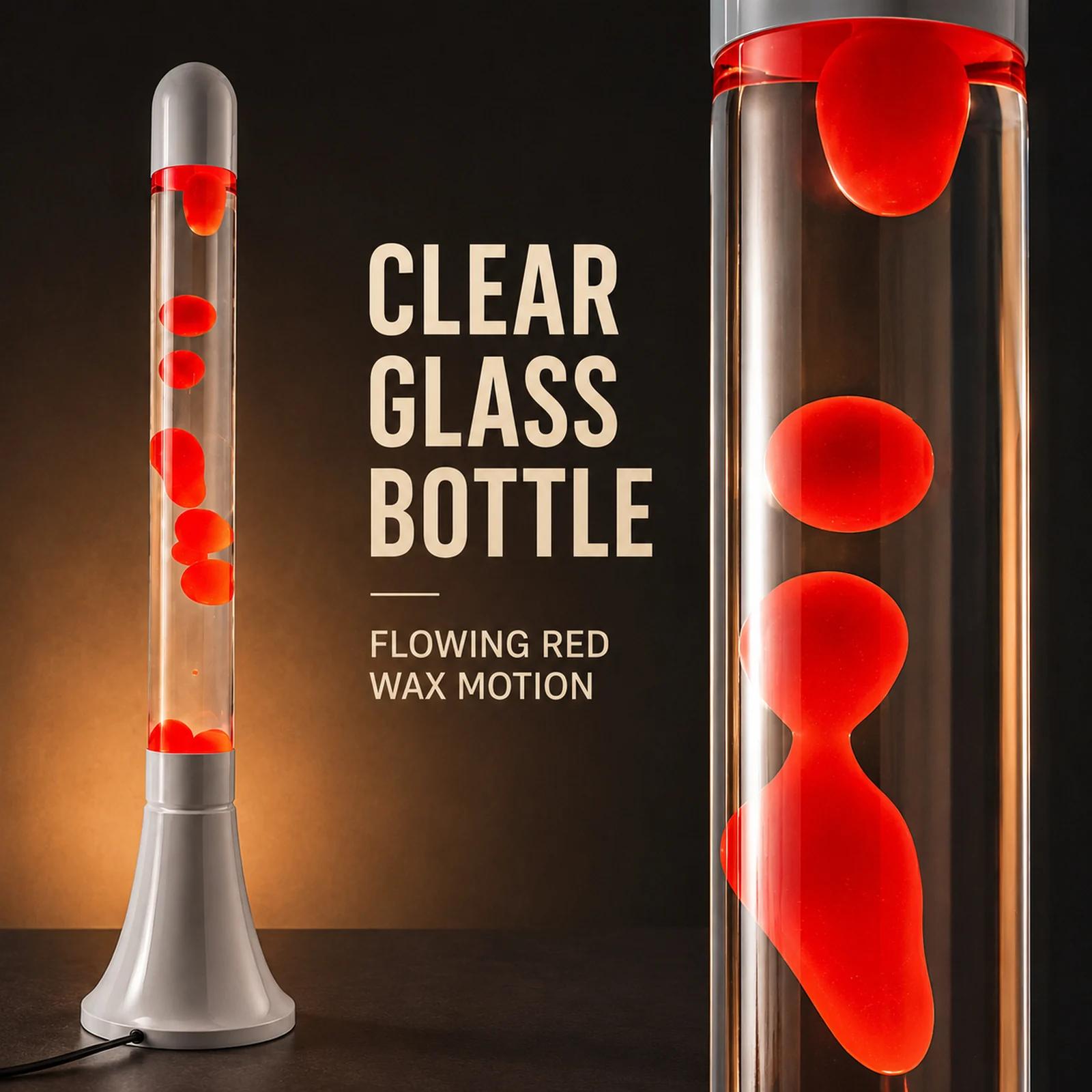 MX-8008 lava lamp close view showing the clear glass bottle and red flowing wax