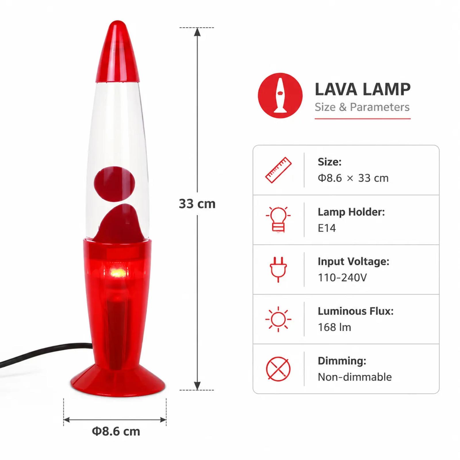 MX-3021 rose red lava lamp specification image with size and feature cues.