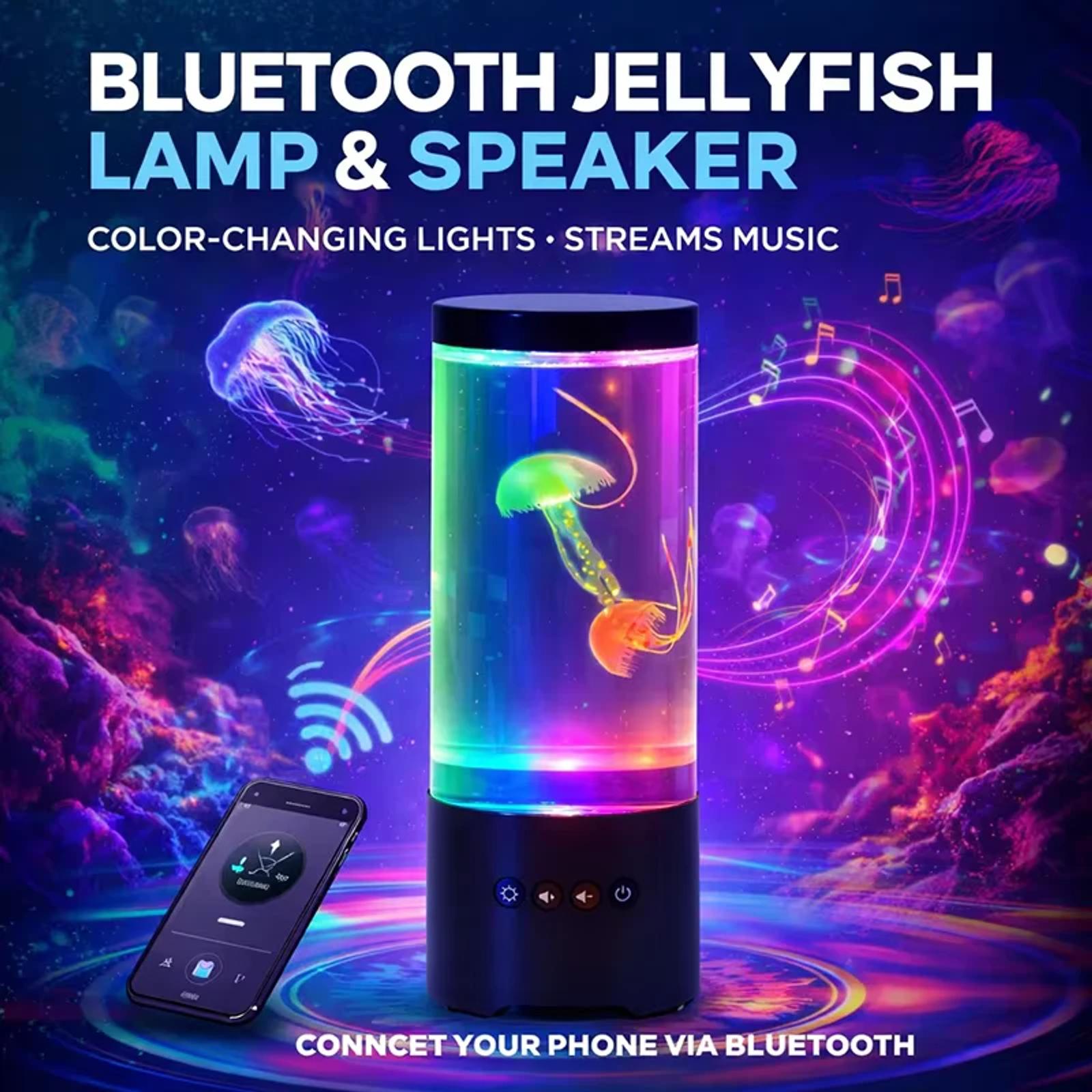 Bluetooth jellyfish lamp and speaker feature graphic with color changing lights and music