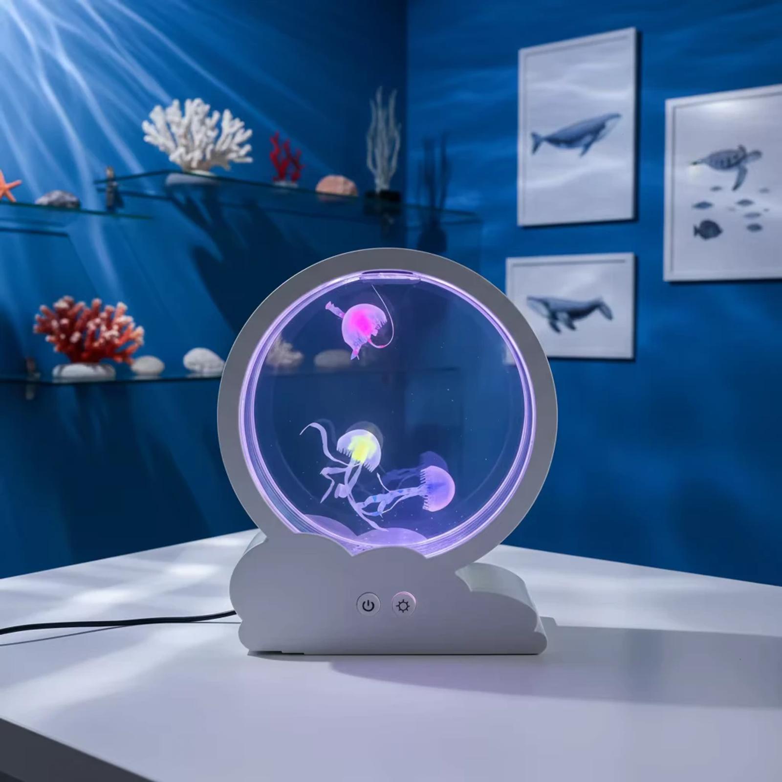 MX-5013C jellyfish aquarium lamp with purple glow placed on a white desk in a blue room scene