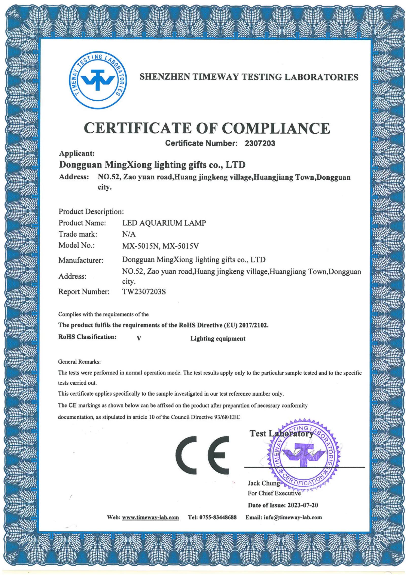 MX-5015V Aquarium Lamp RoHS certificate preview