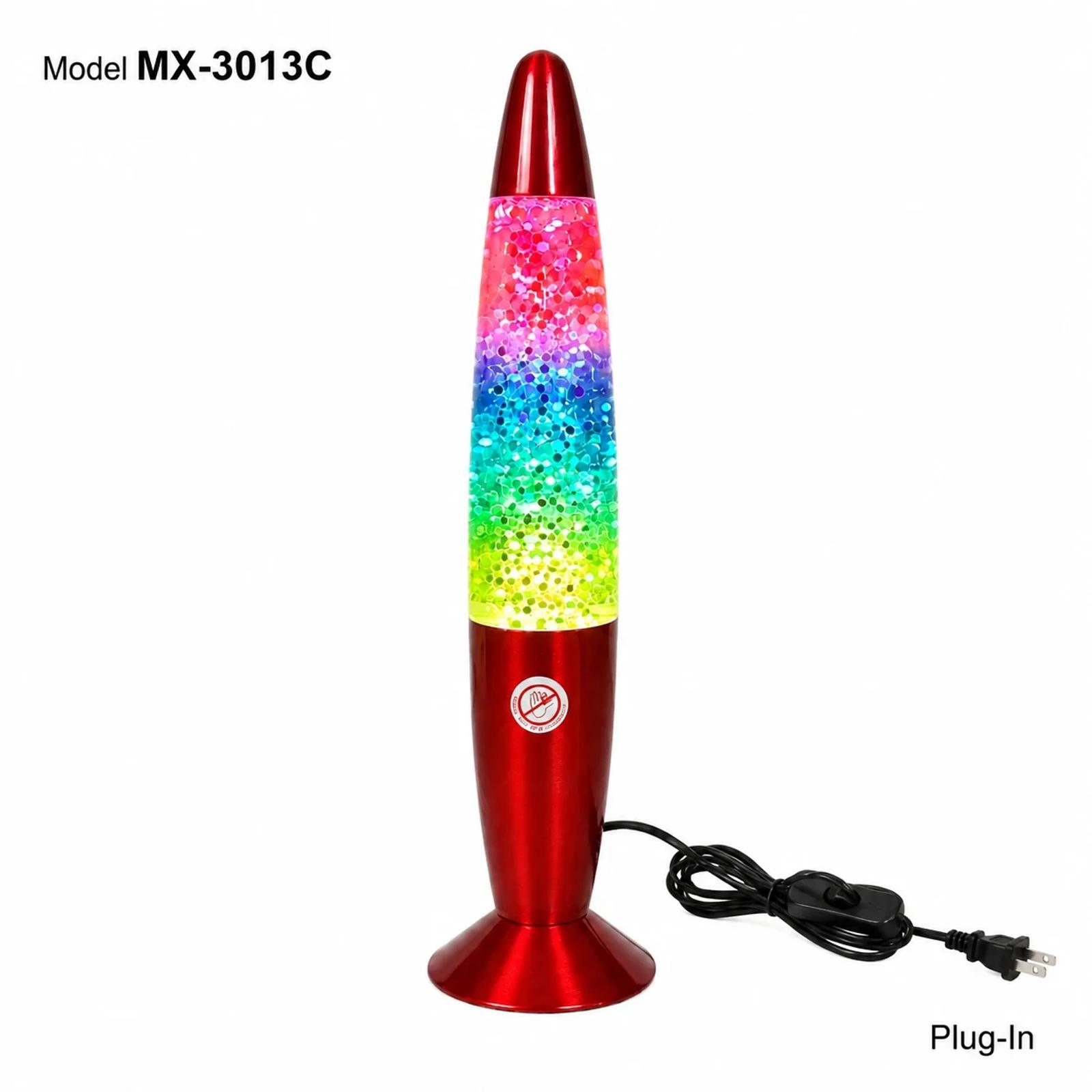 MX-3013C 13 inch glitter lamp product view with red base, tall transparent body, and plug-in cord
