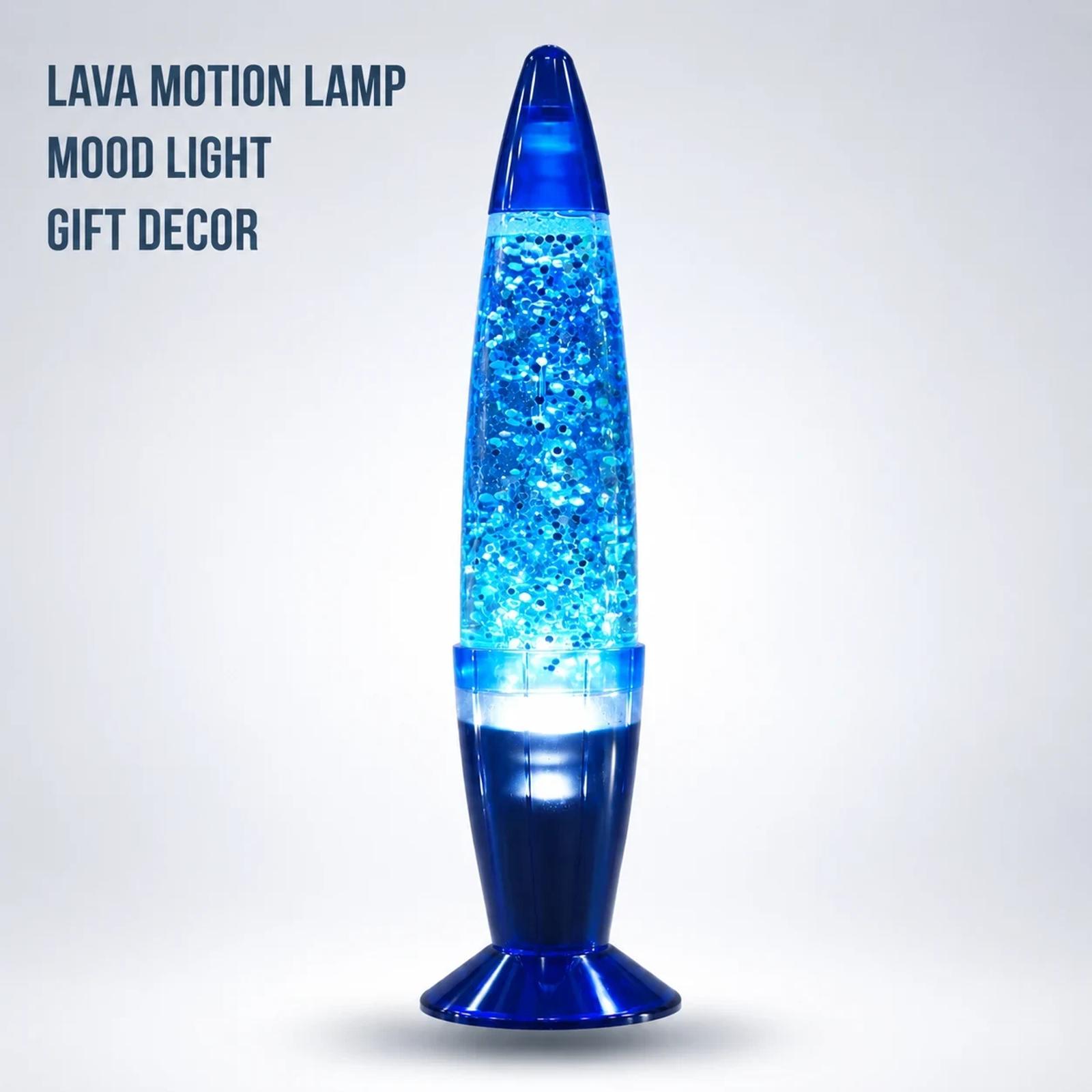 MX-3022 blue glitter lava motion lamp glowing with visible decorative glitter flow