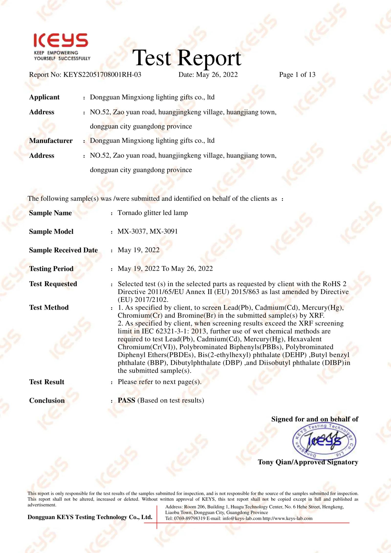 MX-3037 RoHS certificate key page preview