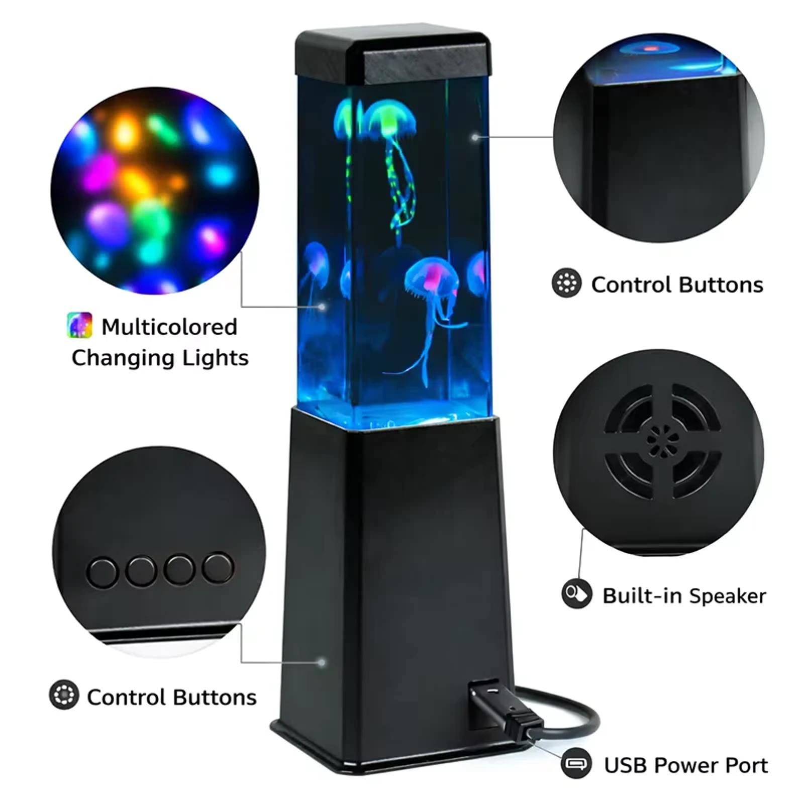 MX-5013D jellyfish speaker lamp showing RGB LEDs, control buttons, USB port and built-in speaker