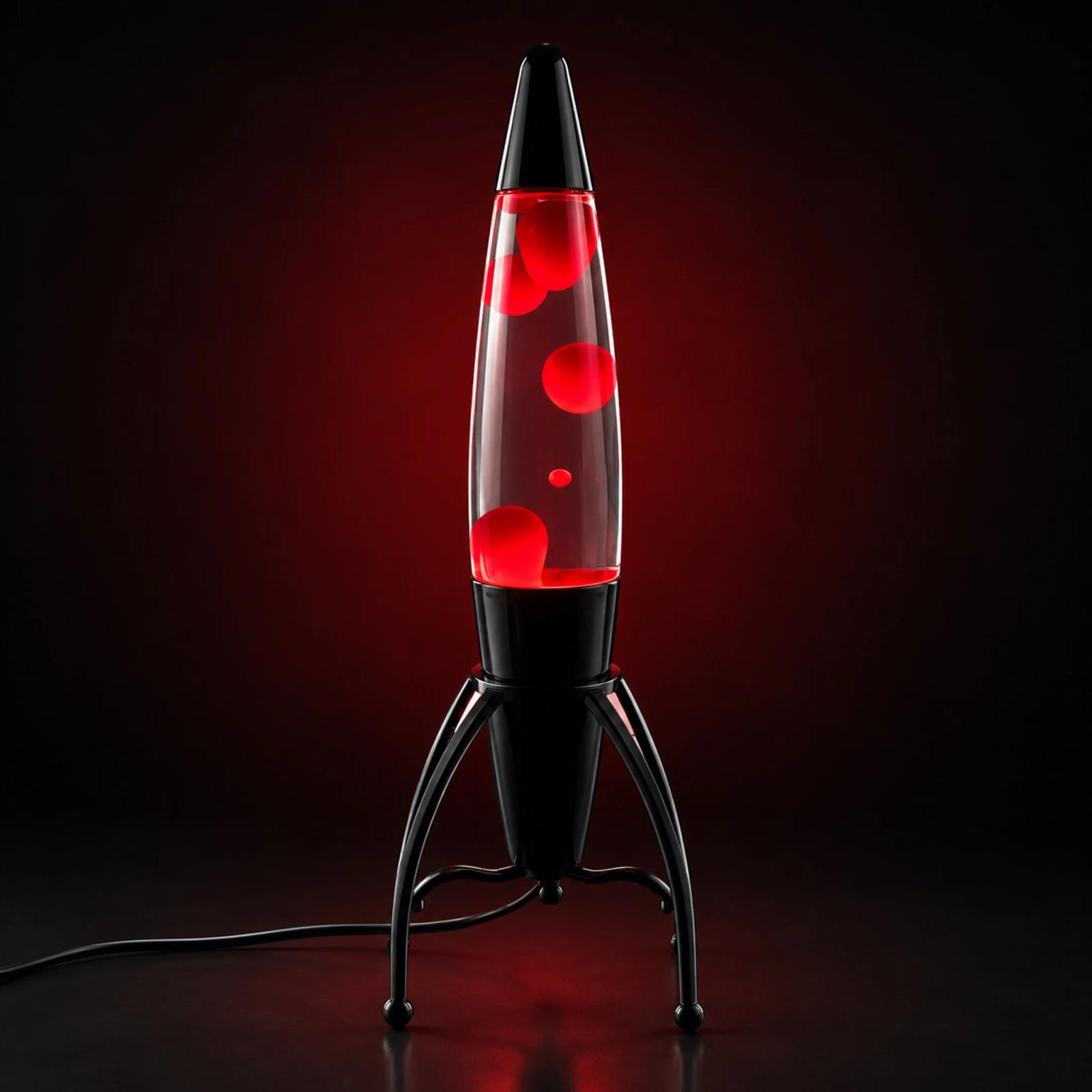 MX-3061 black plastic rocket lava lamp with red wax glowing in a dark studio