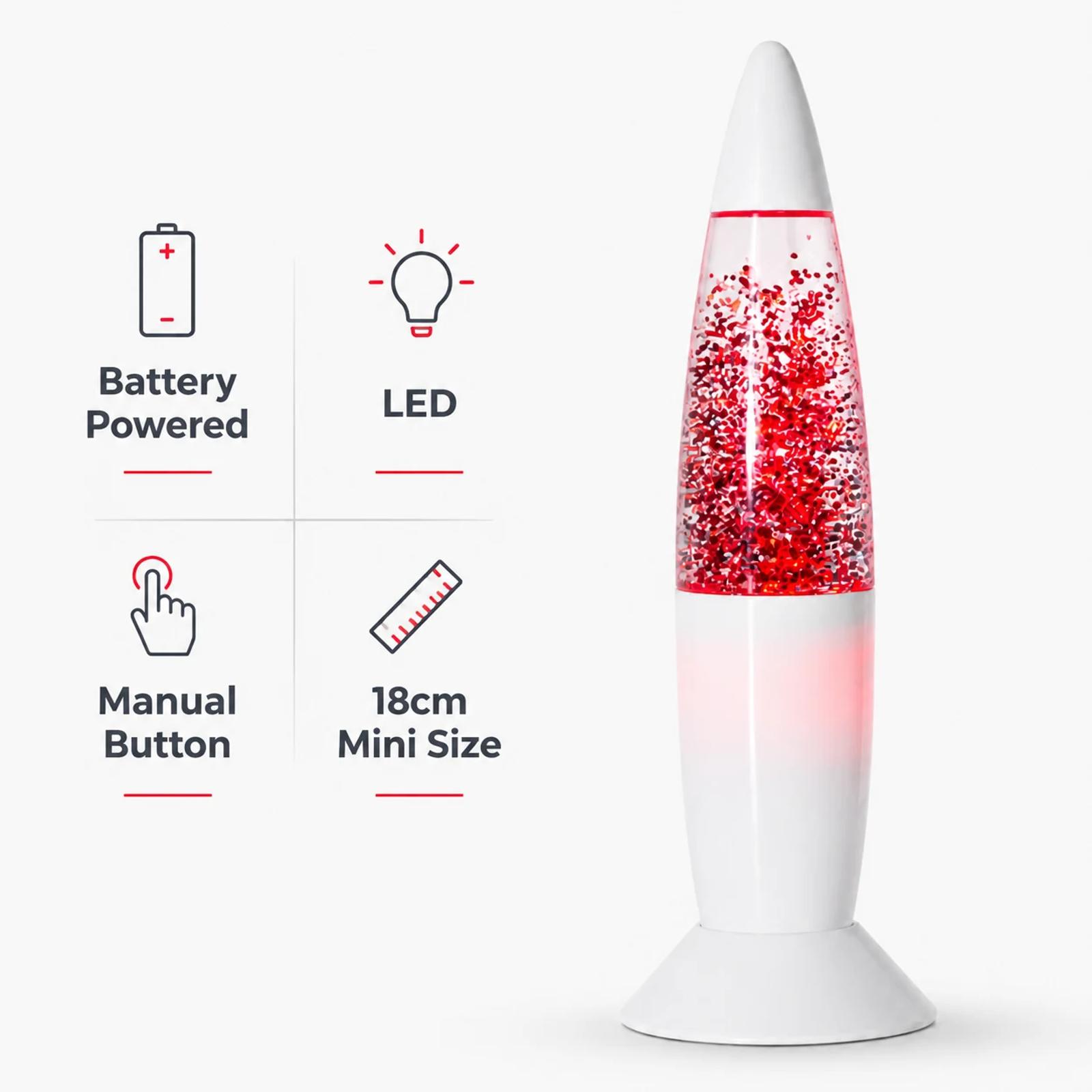 MX-2012 mini rocket glitter lava lamp showing compact rocket lamp features