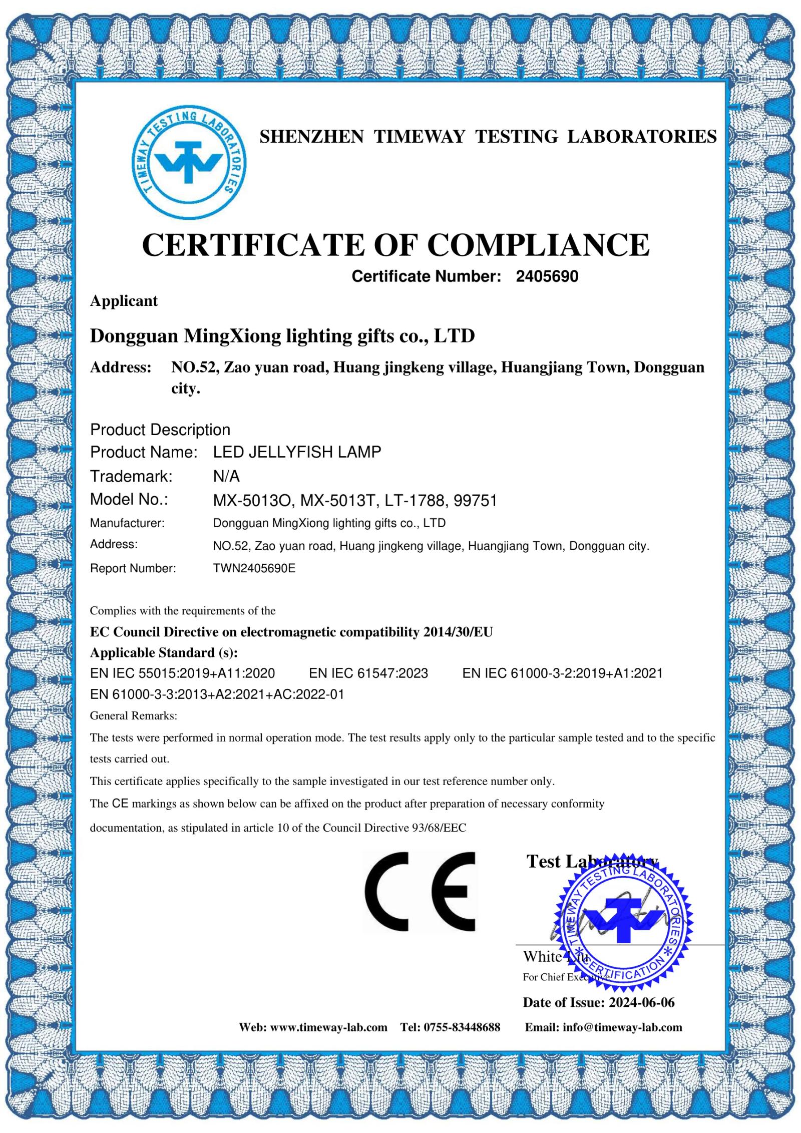 MX-5013O Jellyfish Lamp CE EMC certificate preview