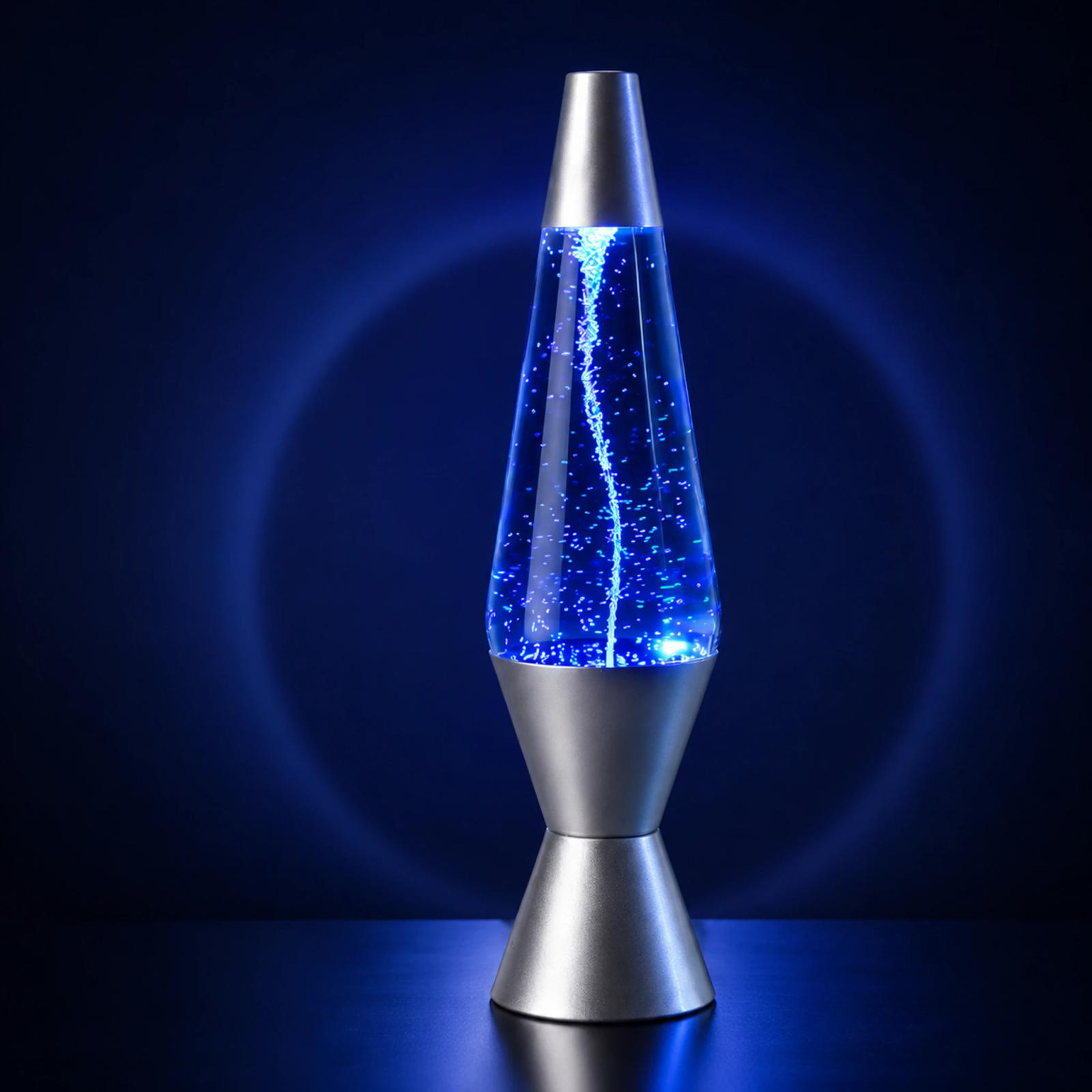 MX-3027T silver LED tornado water vortex glitter lamp glowing blue in a dark studio