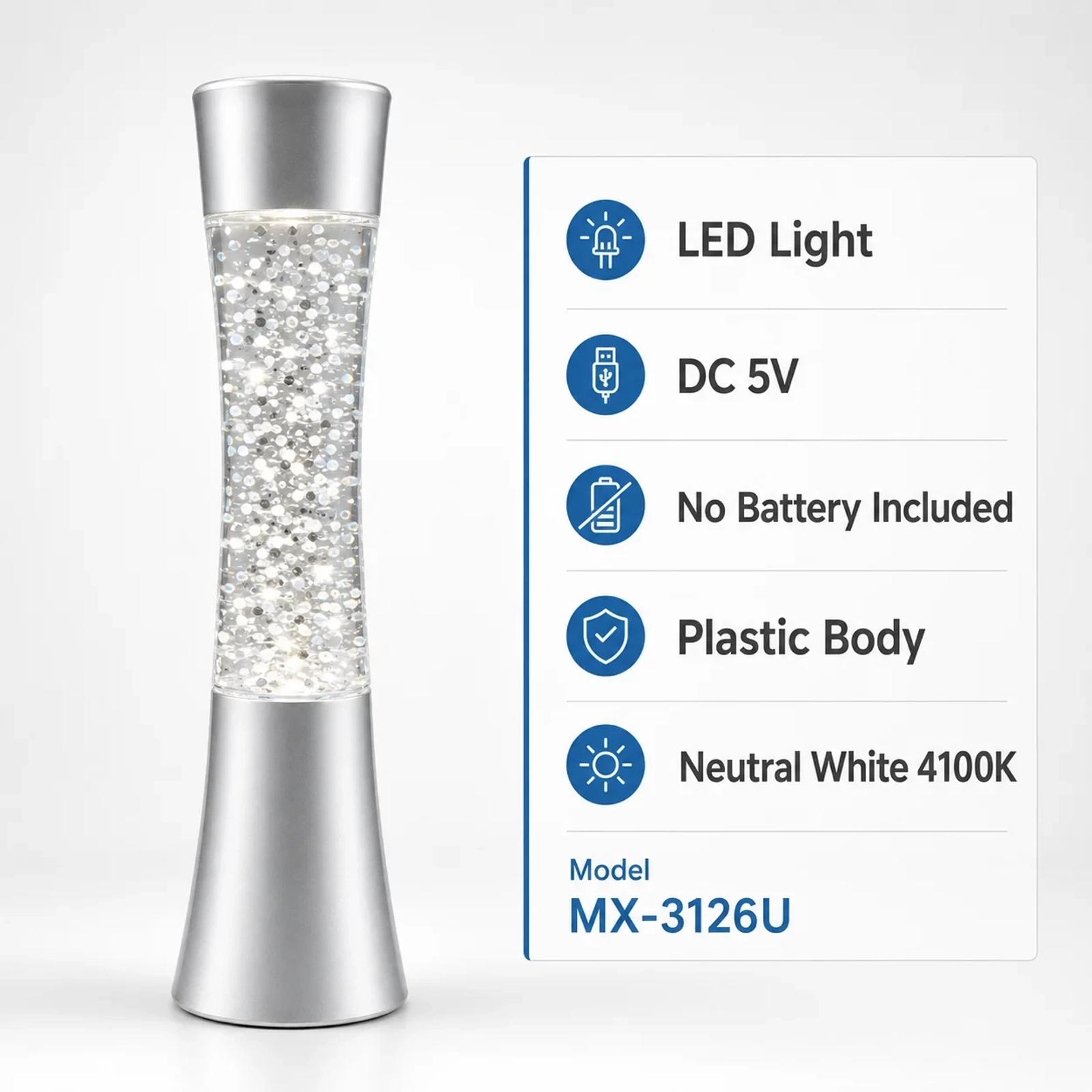 MX-3126U glitter lamp specification overview with confirmed size and packing information.