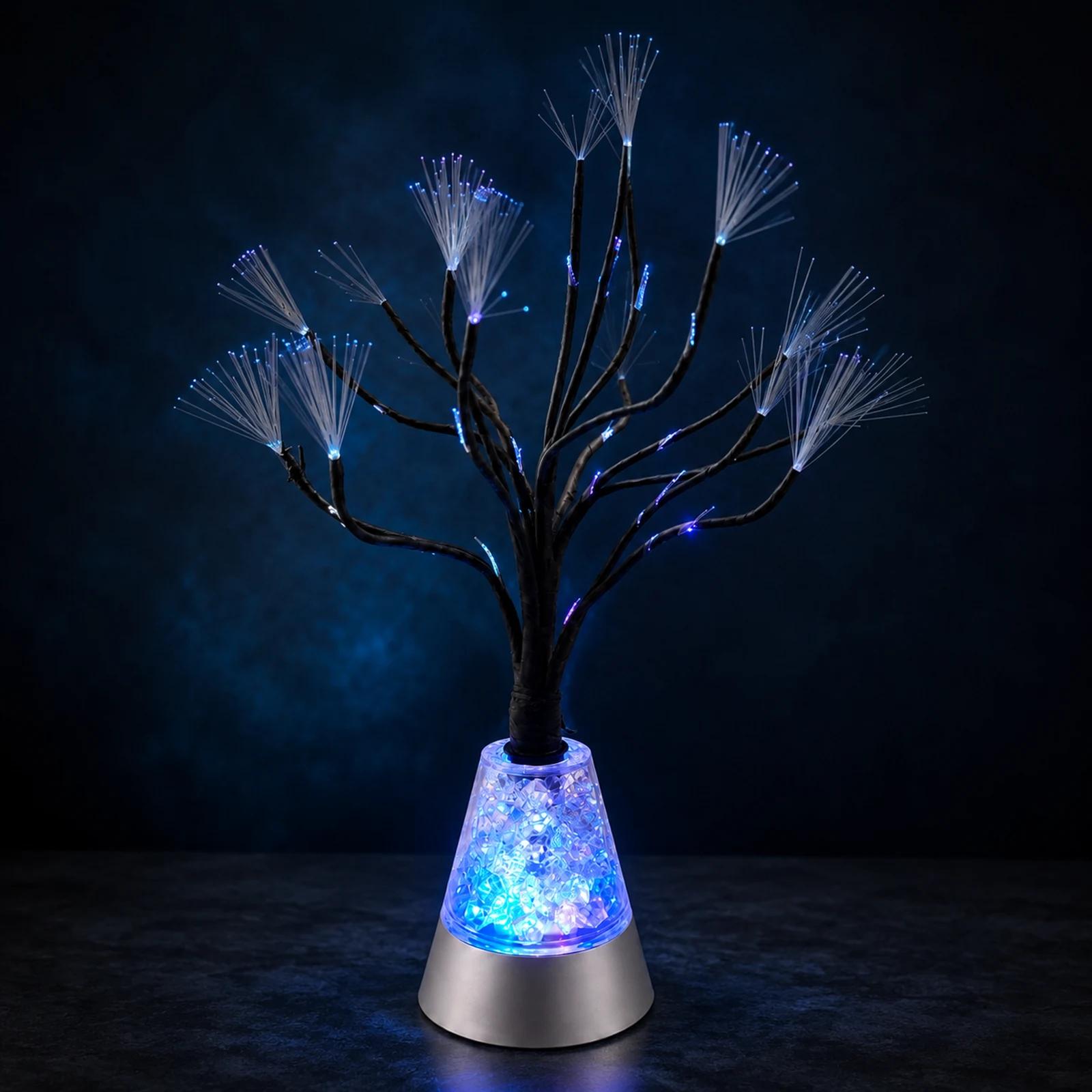MX-1017 RGB fiber optic tree table lamp glowing blue against a midnight studio background