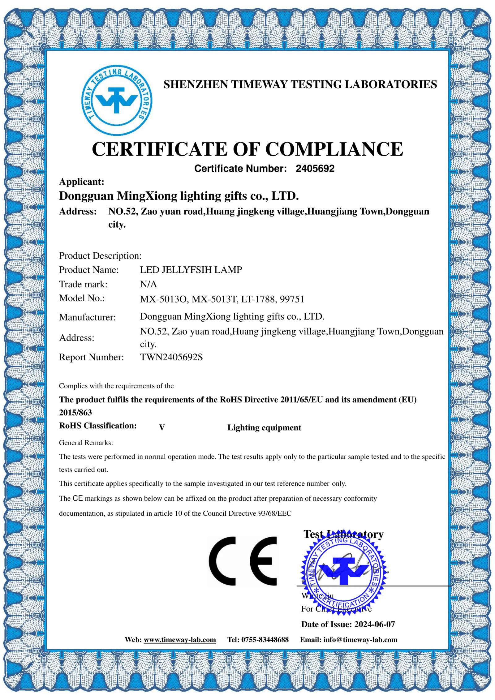 MX-5013O Jellyfish Lamp RoHS certificate preview