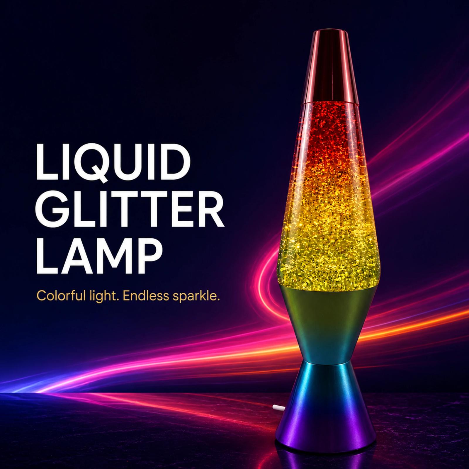 MX-3027A rainbow metal liquid glitter lamp glowing red, gold, and green in a dark studio