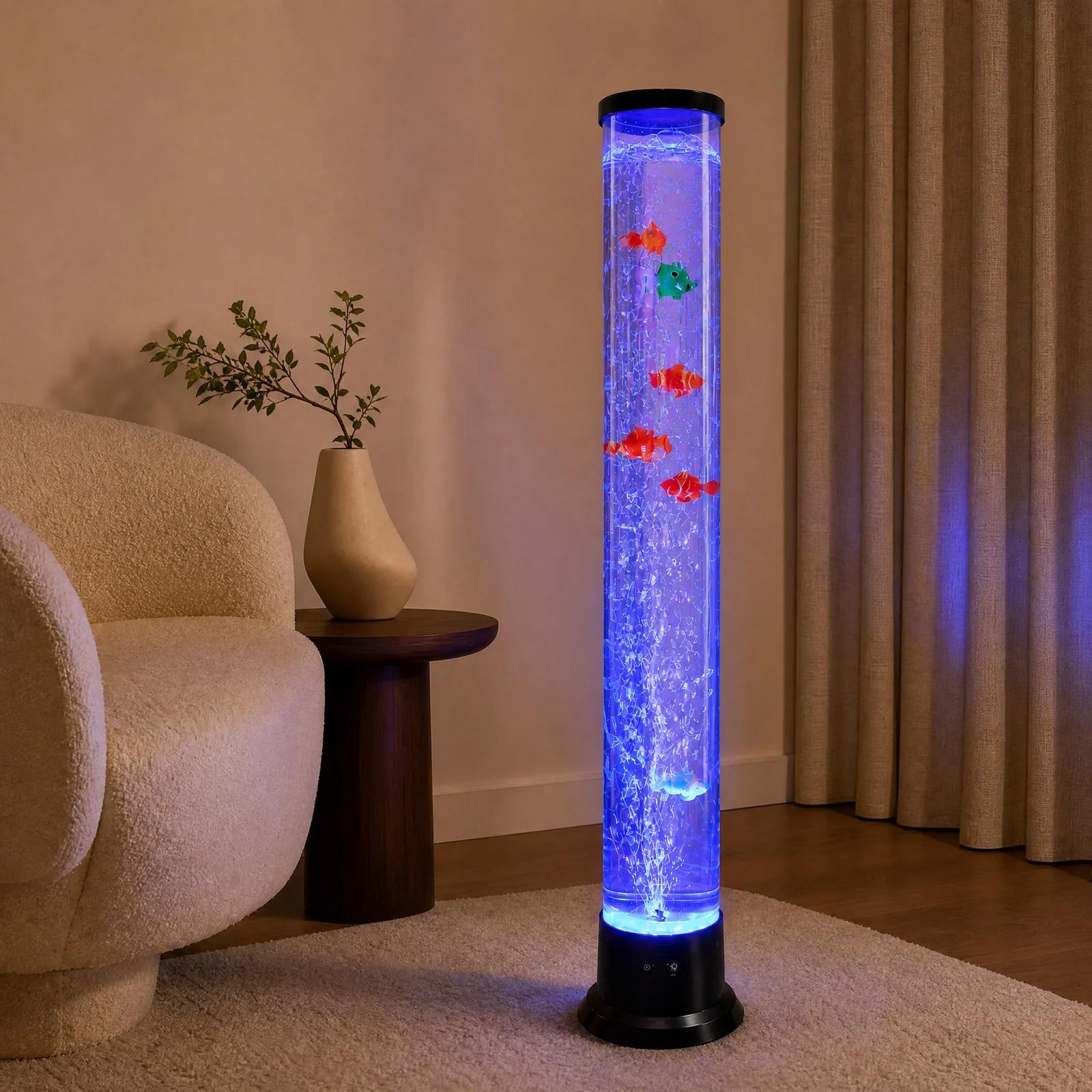 MX-8083 tall bubble fish lamp with blue lighting in a warm premium interior decor scene