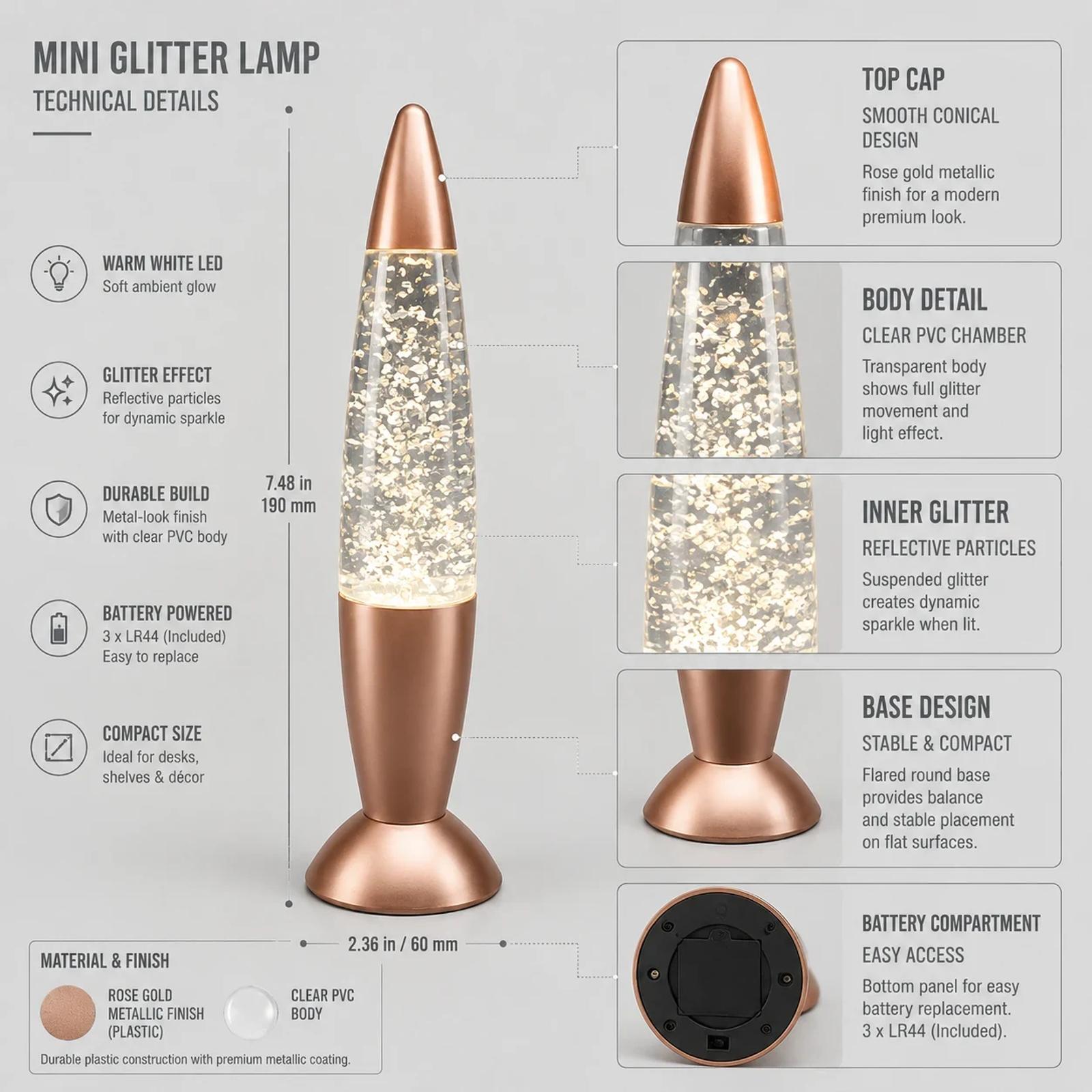 Structure and finish detail image for MX-3017 glitter table lamp with copper tone shell