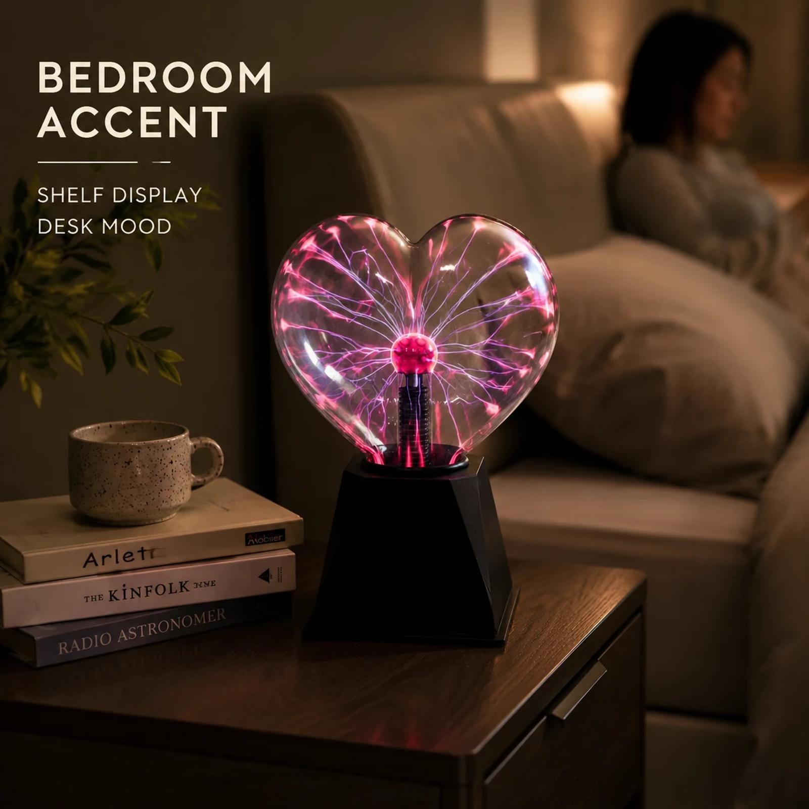 MX-7014B heart plasma night light used as a pink bedroom accent lamp on a bedside table